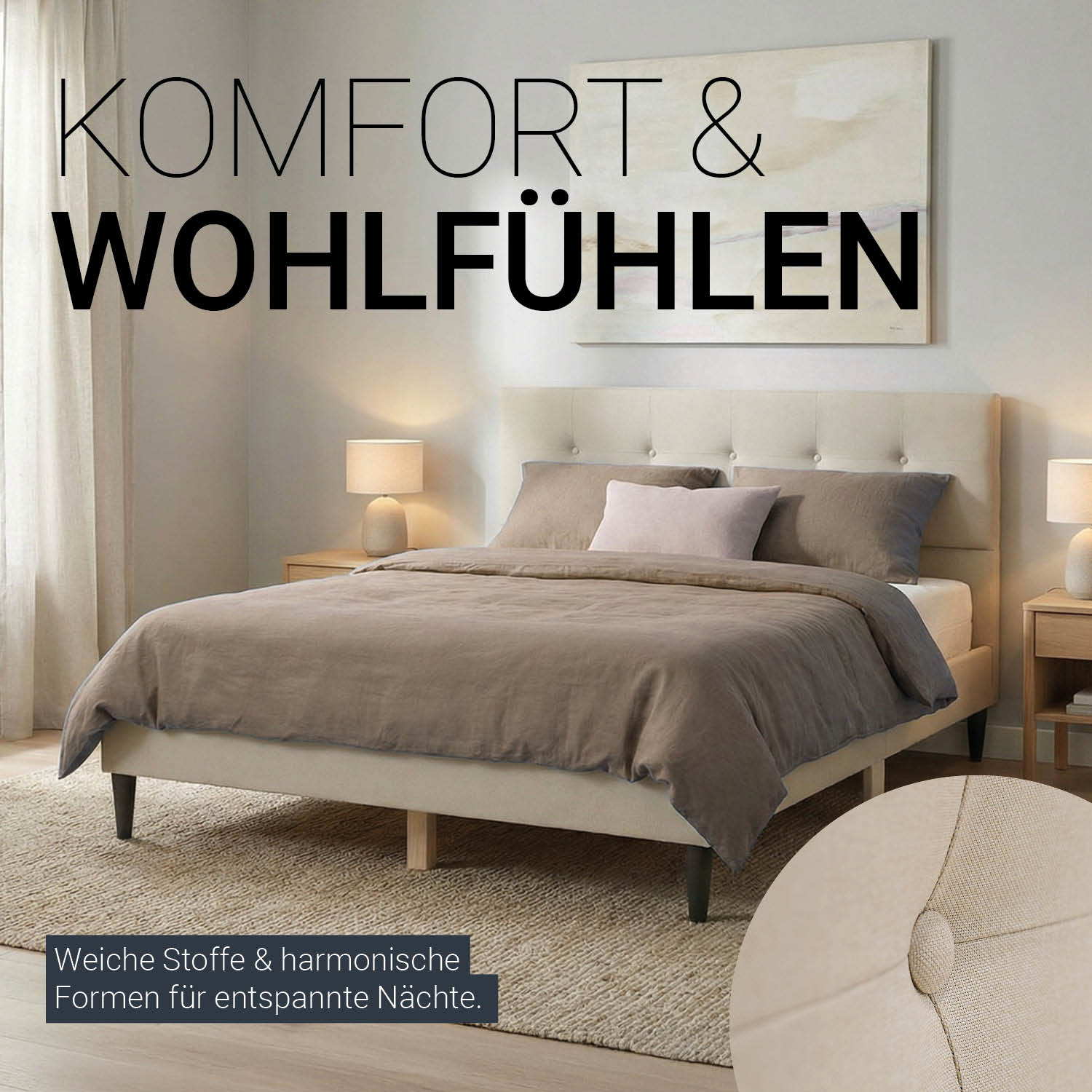 Upholstered bed 140x200 cm beige | with slatted frame | double fabric bed frame