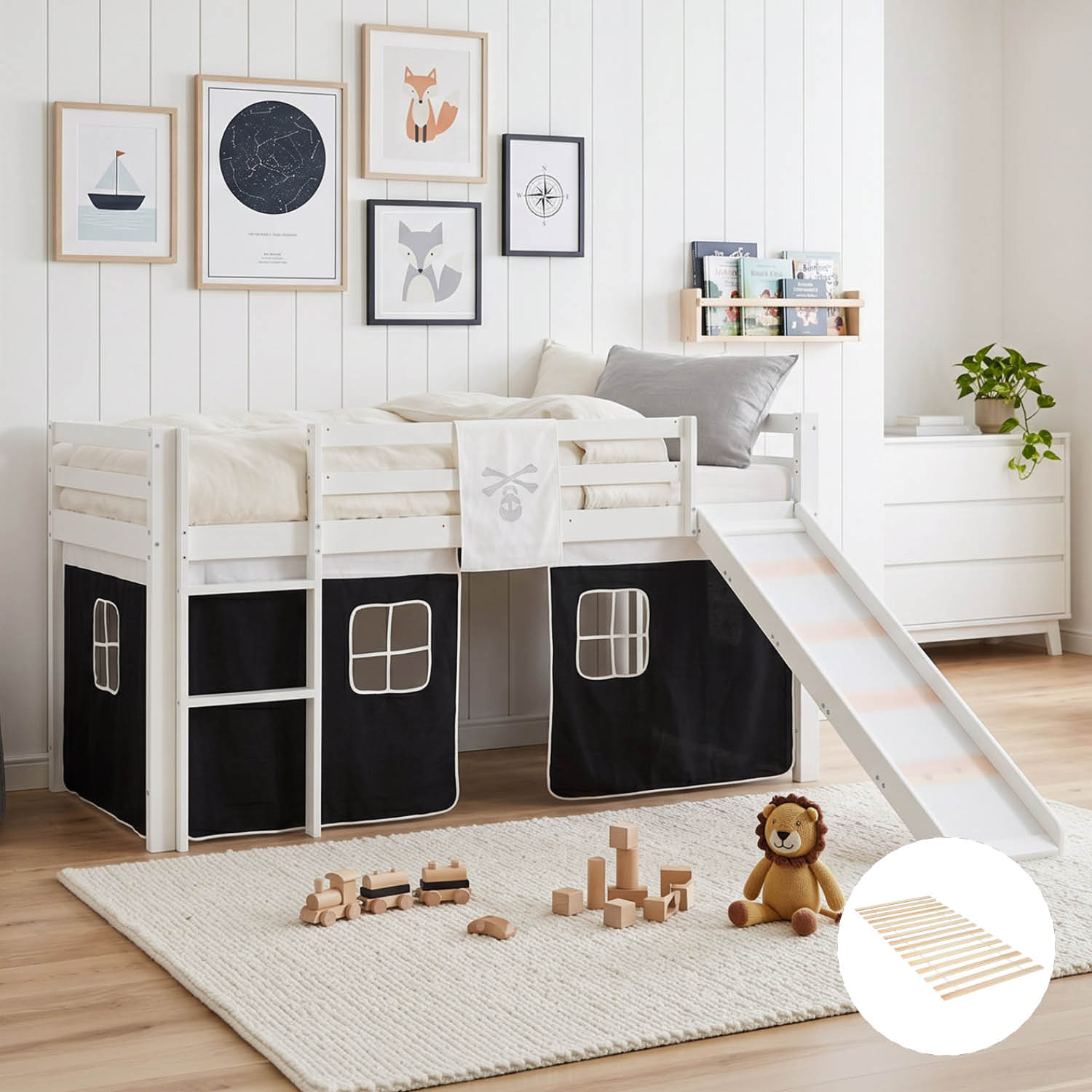 Children's loft bed, 90x200 cm, white with black curtain | Slide | Includes slatted base