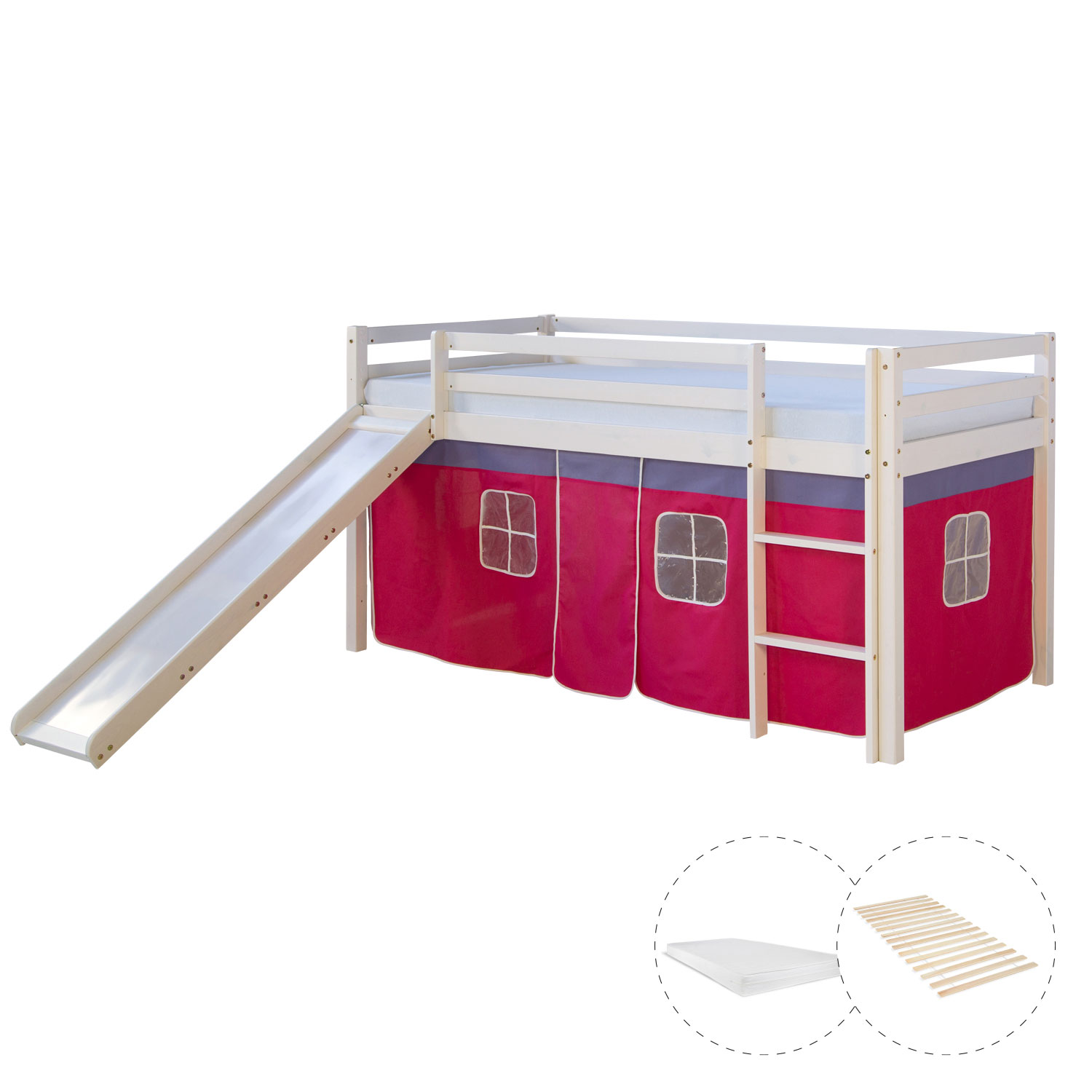 Loftbed 90x200 cm with Slide Mattress Bunk bed Childrens bed Solid Pine Wood Slats Curtain Pink