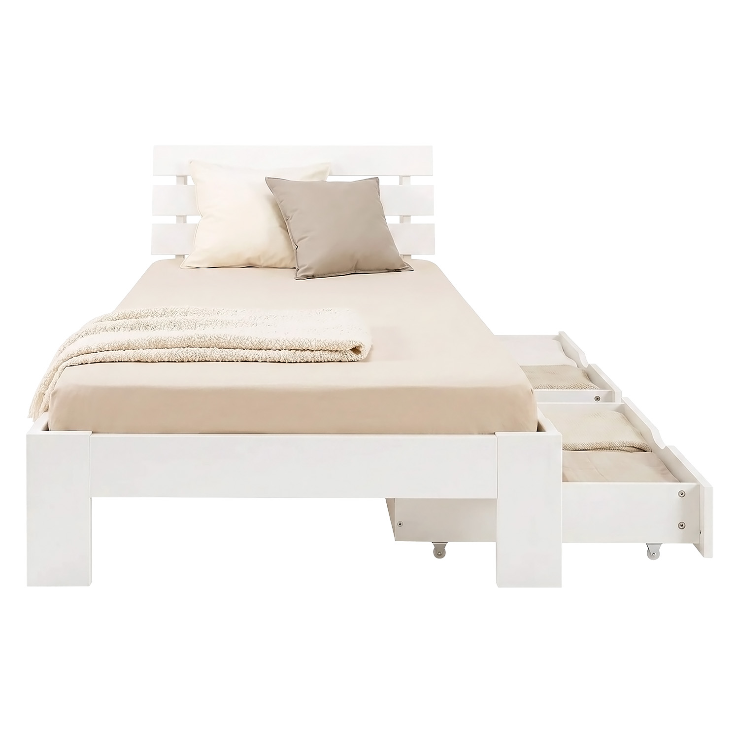 Wood Bed 90x200 cm White | Single Bed | with Spring Mattress | 2 Drawers | Youth Guest Bedroom