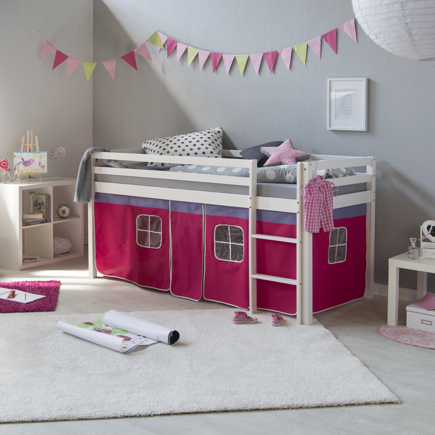 Loft Bed Kids 90x200 cm White with Curtain Pink | without Slatted Frame Loftbed 90x200 cm Bunk bed Childrens bed Solid Pine Wood Tower Tunnel Curtain Pink Slide Mattress Slats