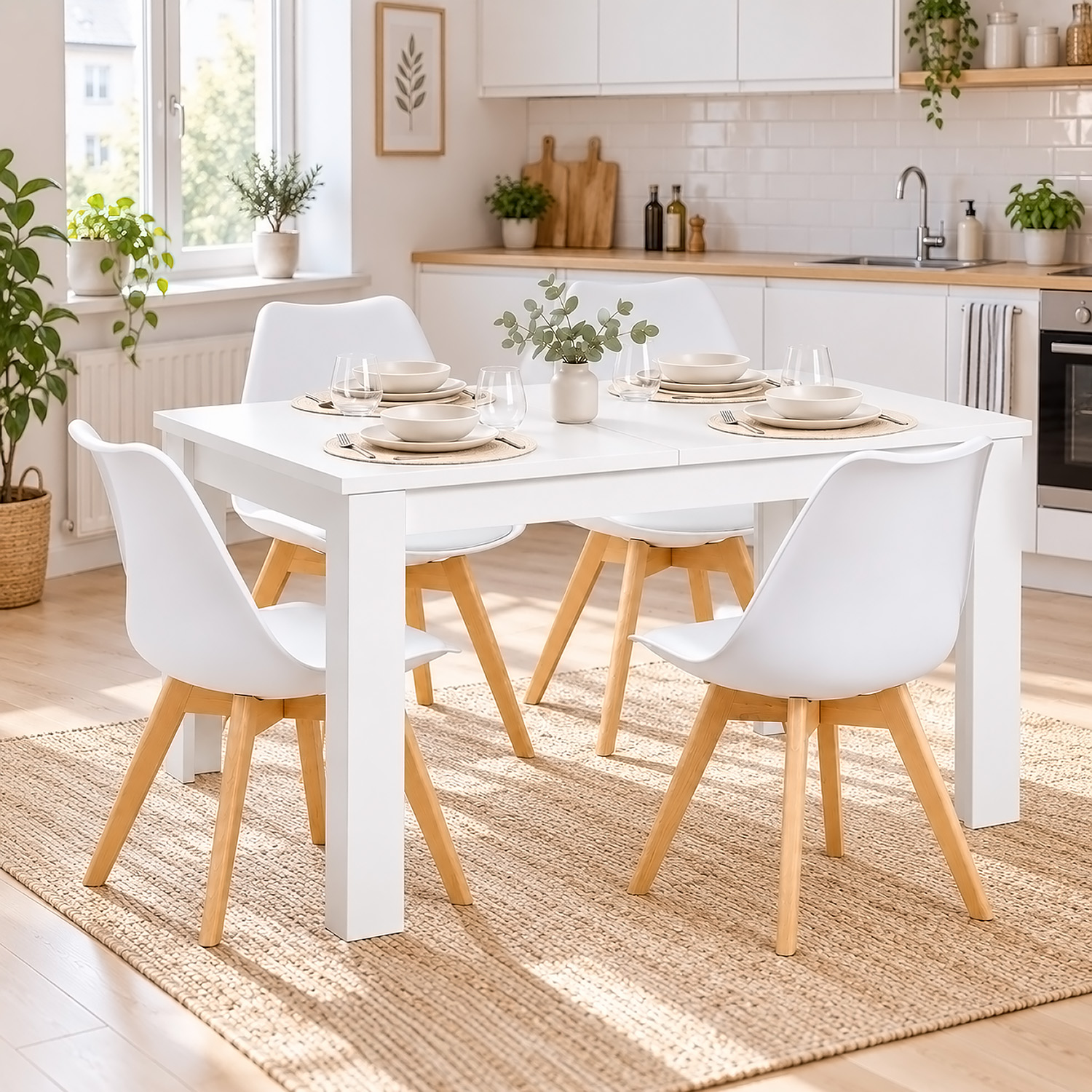 Dining Set (5-Piece): 120x80 cm white extendable dining table with 4 plastic chairs and wooden legs
