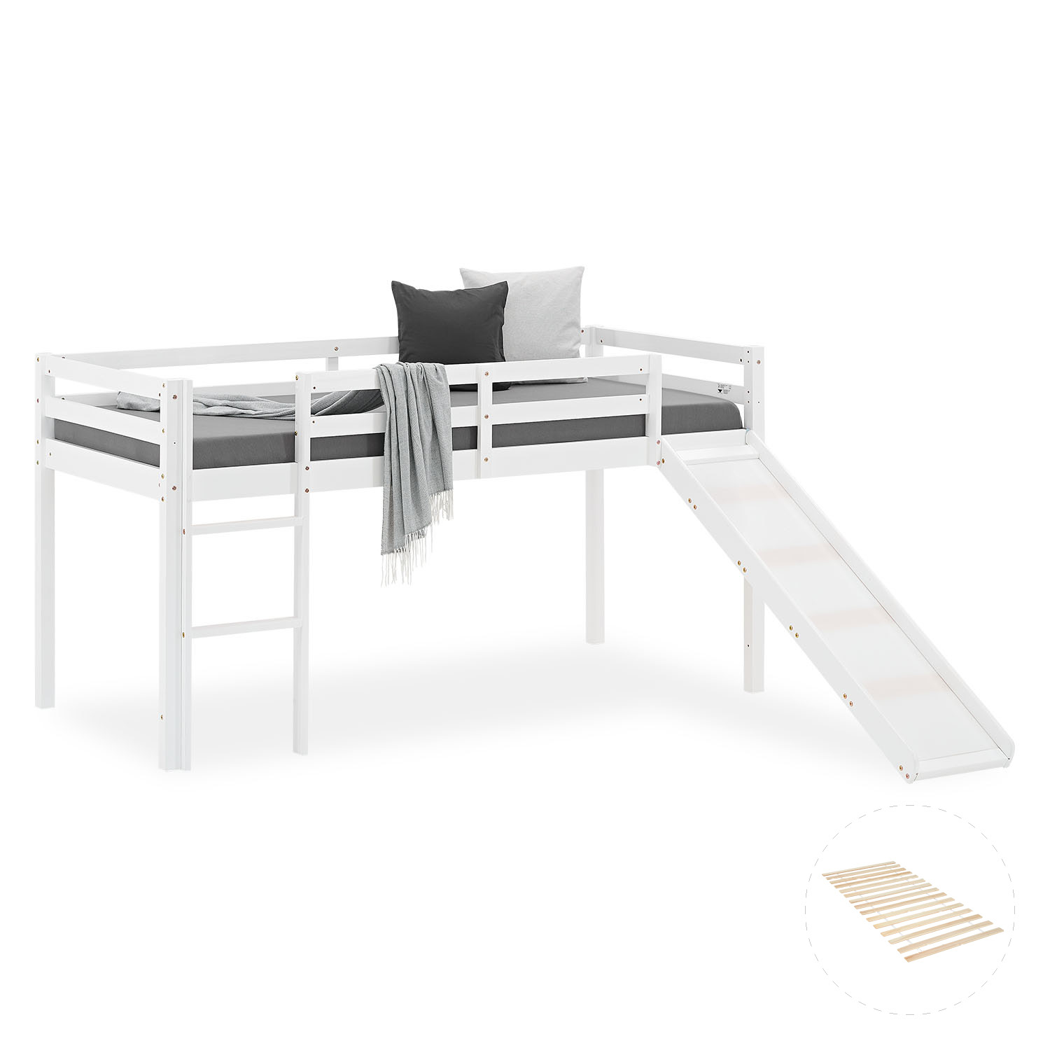 White wooden loft bed for kids with slide and ladder ? playful bed with safety rails, perfect for small children?s bedrooms.