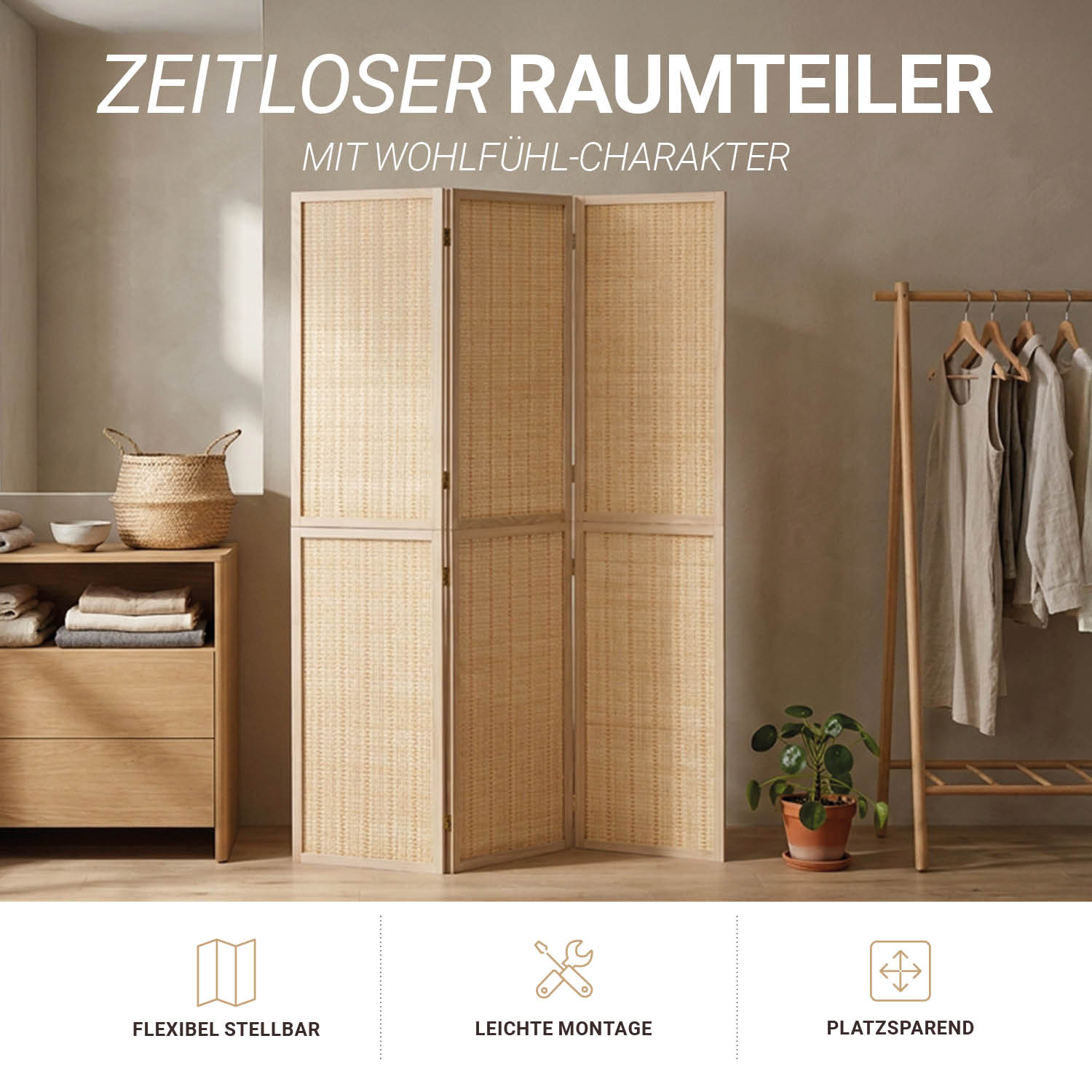 Paravent Natural Bamboo Slats | 3-panel | Wood | Room Divider Partition Privacy Screen