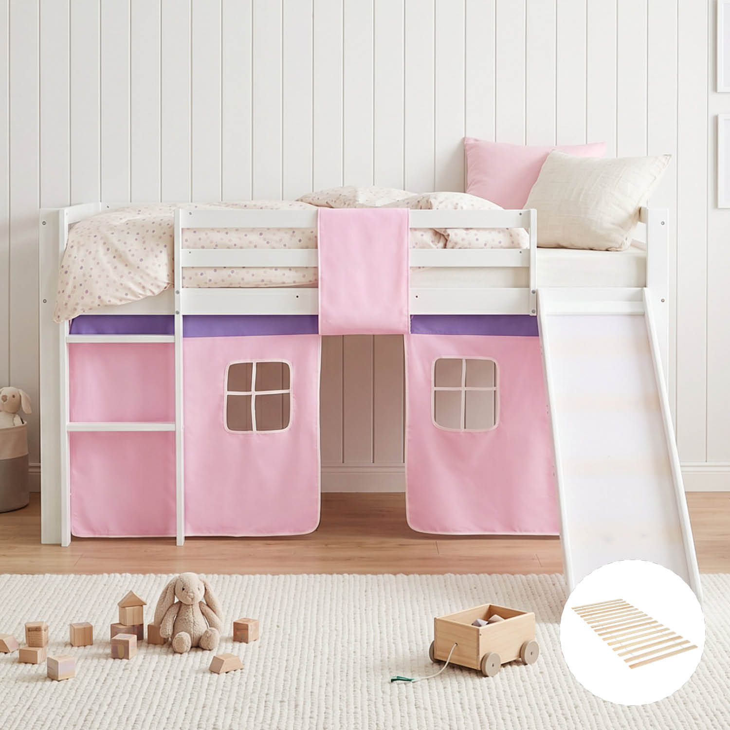 Children's Loft Bed 90x200 cm White with Pink Curtain | Slide | Includes Slatted Base