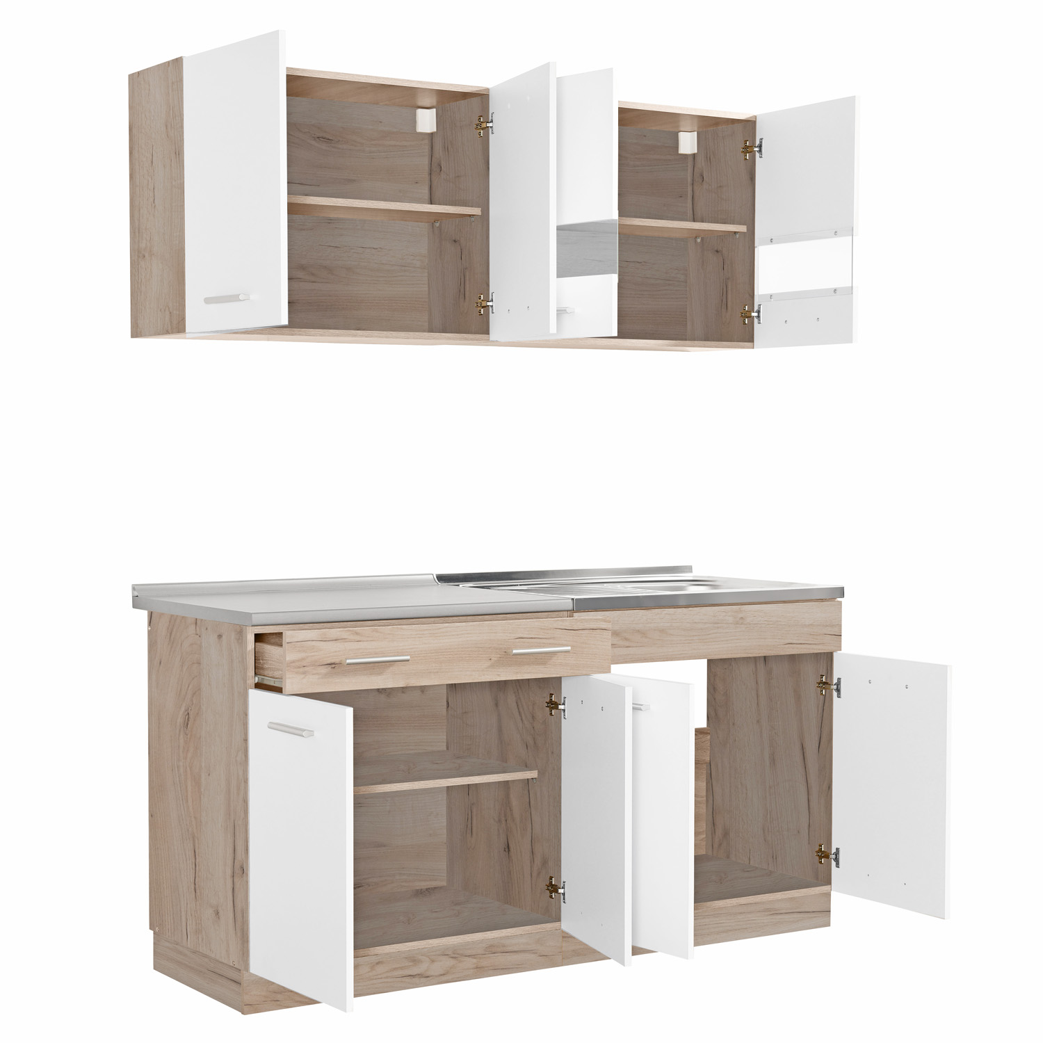 160 cm White Oak Kitchen Unit – modern compact kitchen with cabinetry, without appliances