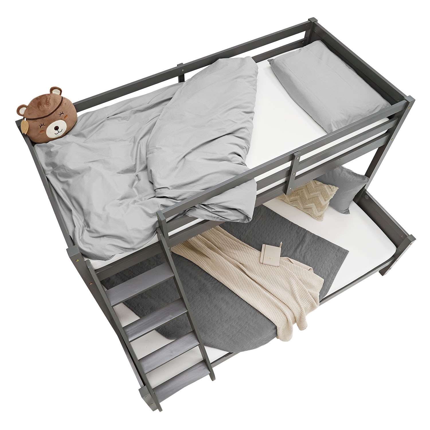 Bunk Bed with 2 Mattresses 90x200 and 140x200 cm Kids Bed Grey Wood Cabin Bed High Sleeper Bed Loft Bed Childrens Bed Twin Bed