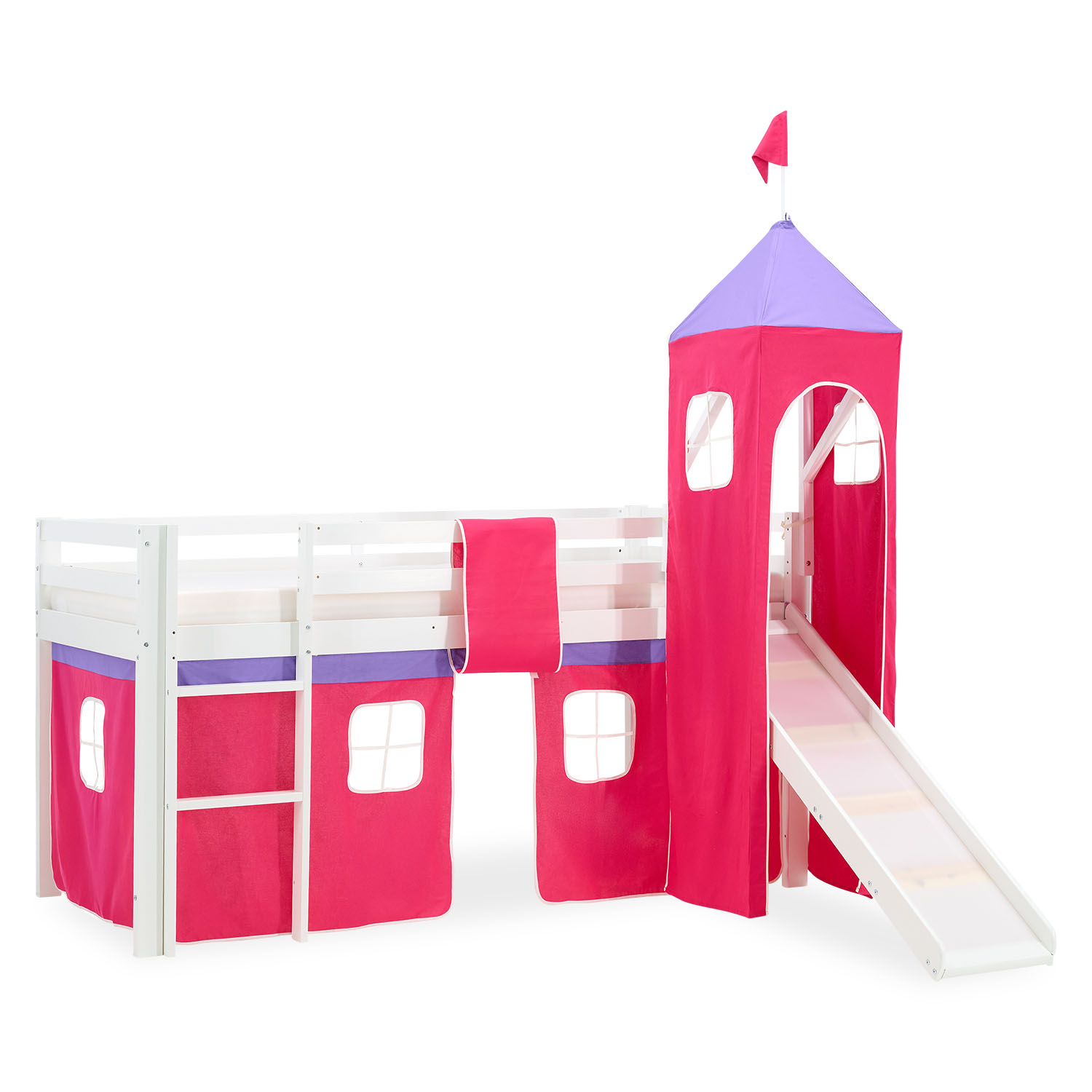 Loftbed 90x200 cm Bunk bed Childrens bed Solid Pine Wood Tower Tunnel Curtain Pink Slide Mattress Slats