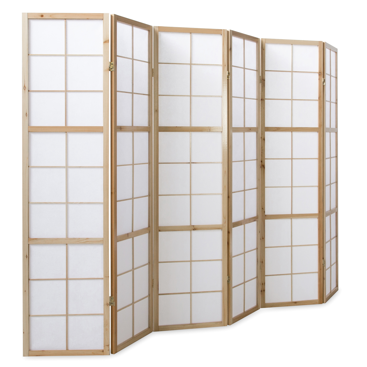 6-panel Shoji room divider with light wooden frame in a modern living room ? Japanese-style screen with translucent paper, perfect for stylish space separation, natural accents, and Asian-inspired interior design.