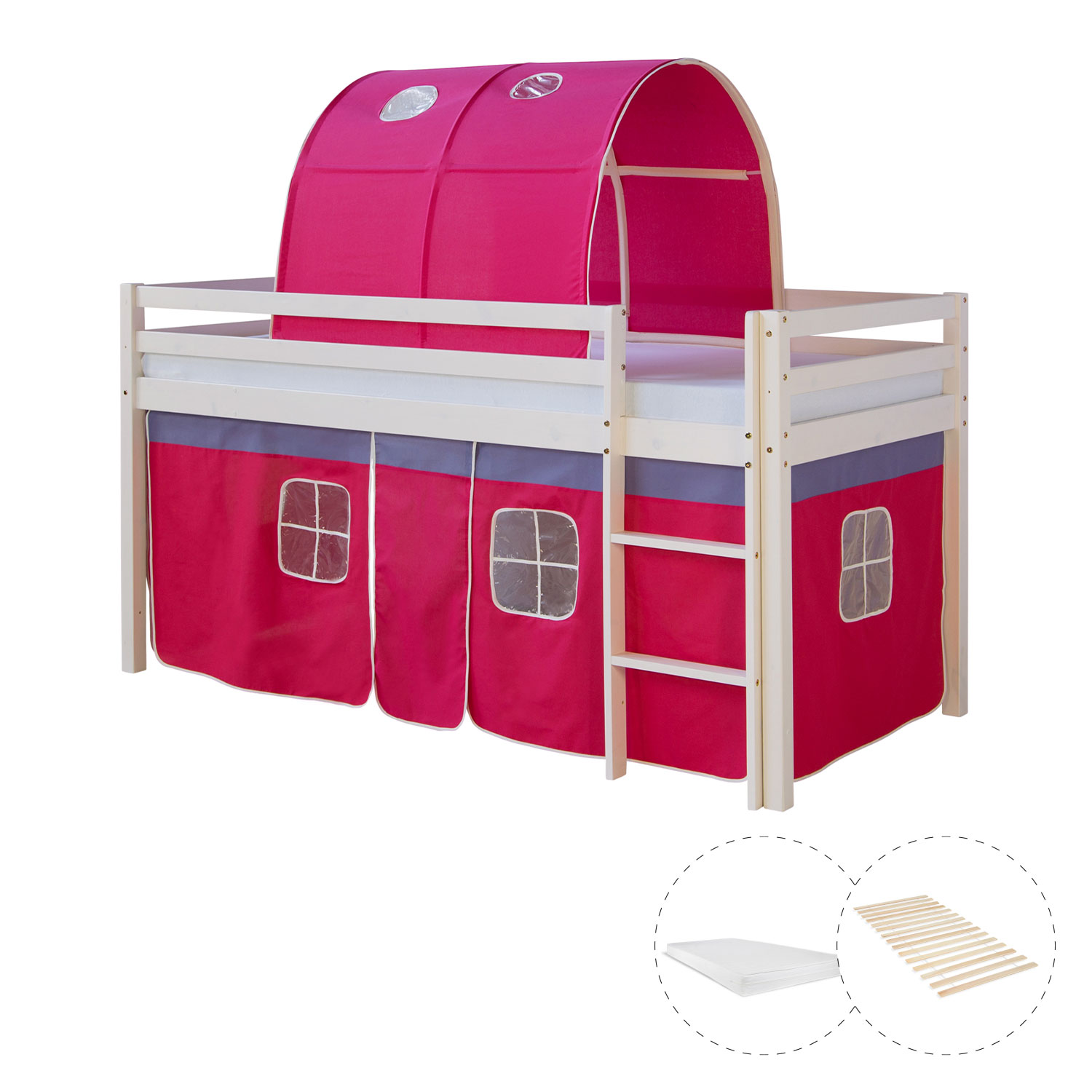 Loftbed 90x200 cm with Mattress Bunk bed Childrens bed Solid Pine Wood Slats Tunnel Curtain Pink