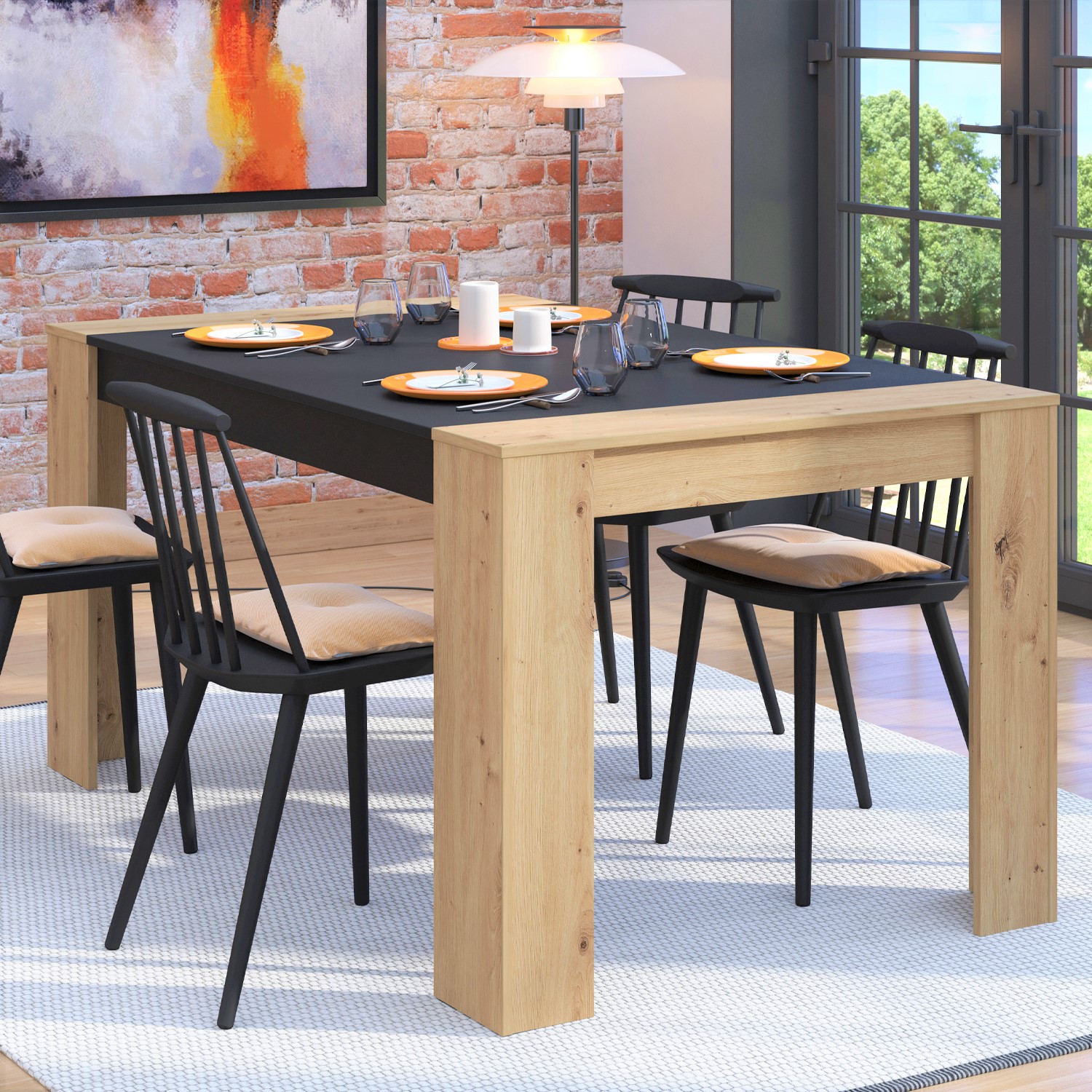 Modern Dining Table 154x90 cm Kitchen Table Wooden Table Oak Black 6 Seater