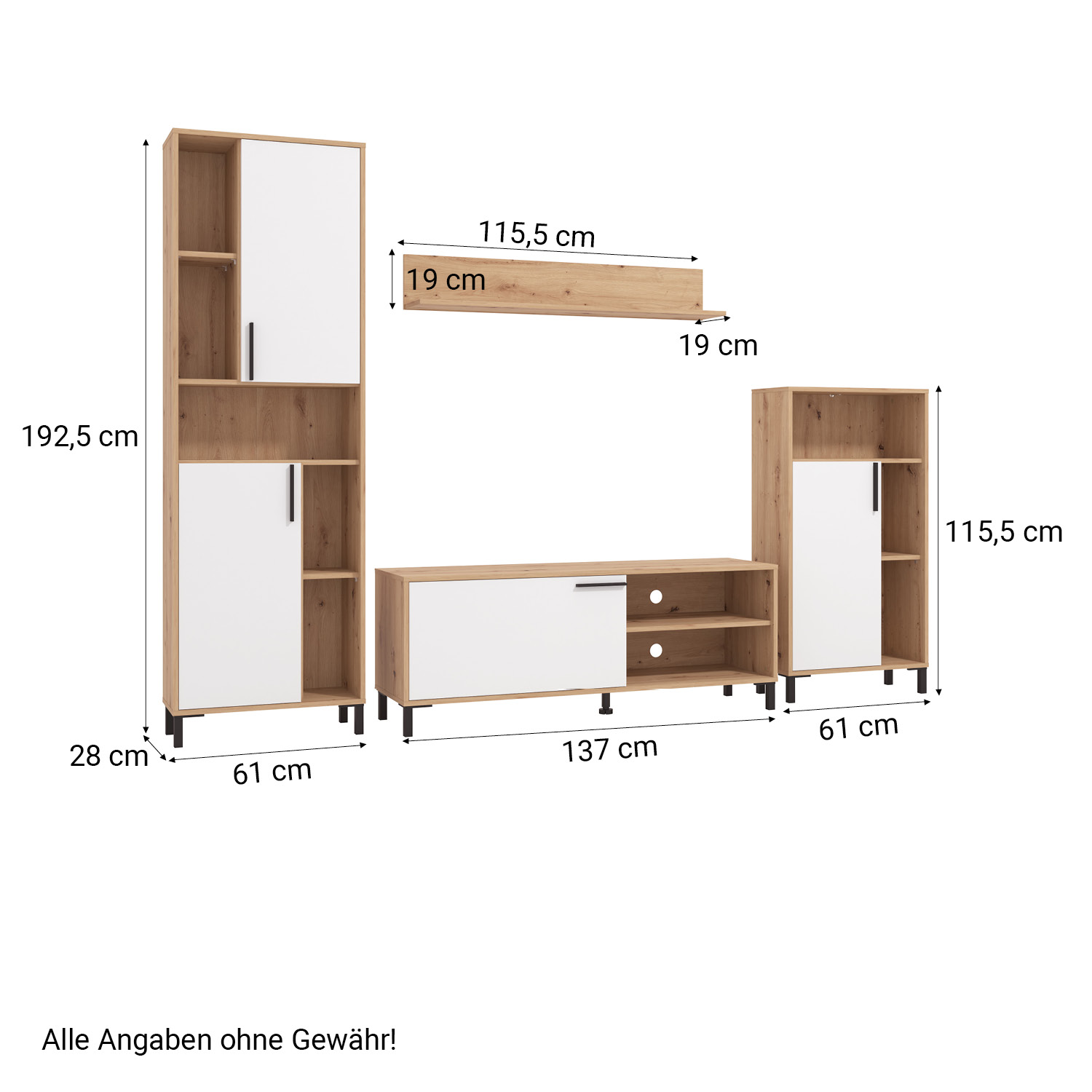Modern living room unit 4 part cupboard set wall unit wood oak white TV set with storage entertainment center