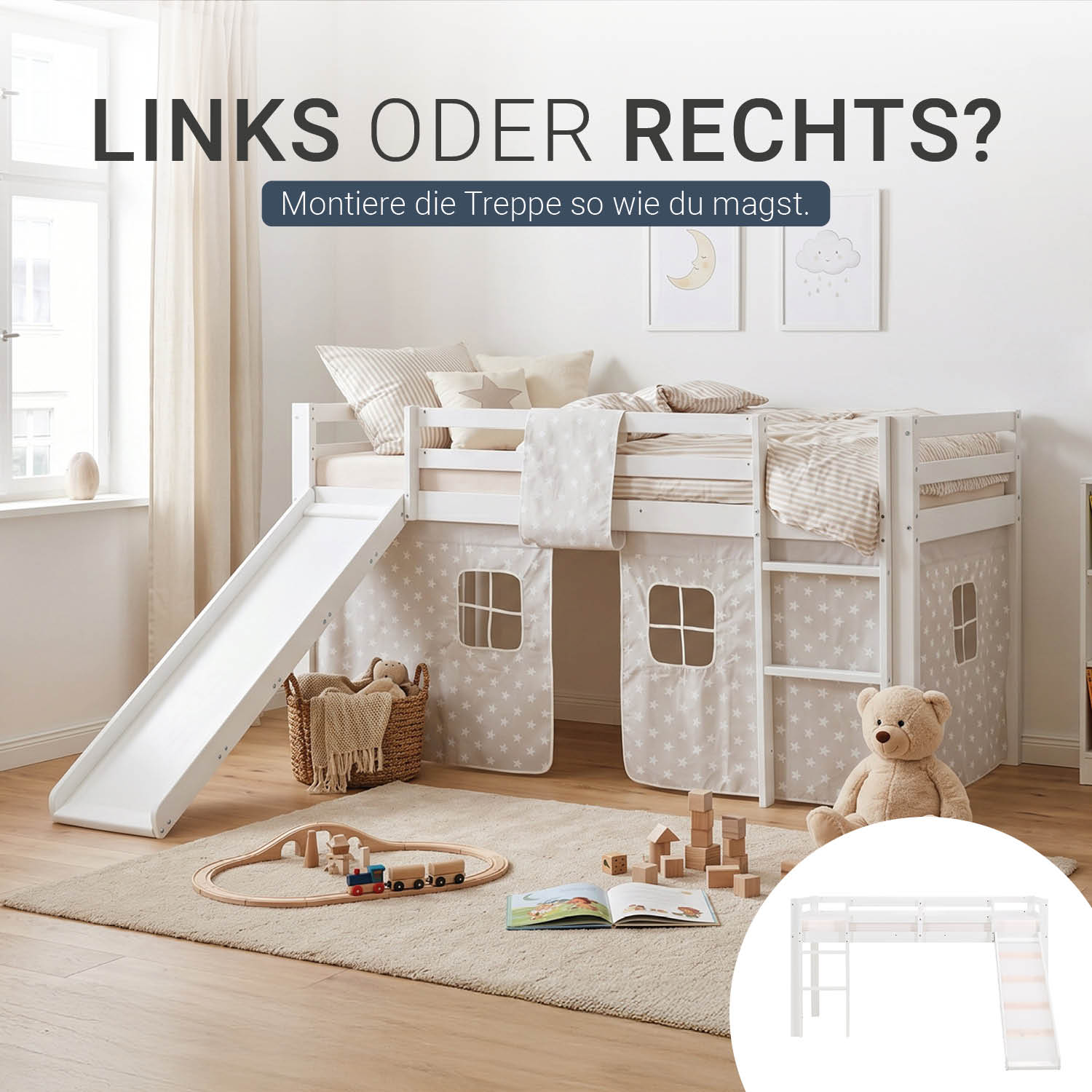 Children's Loft Bed 90x200 cm White with Star Curtain | Slide | With Slatted Base | With Mattress