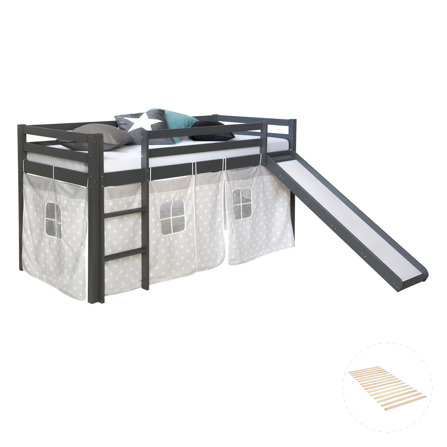Loft Bed Kids 90x200 cm Gray with Curtain Stars | Slide | with Slatted Frame