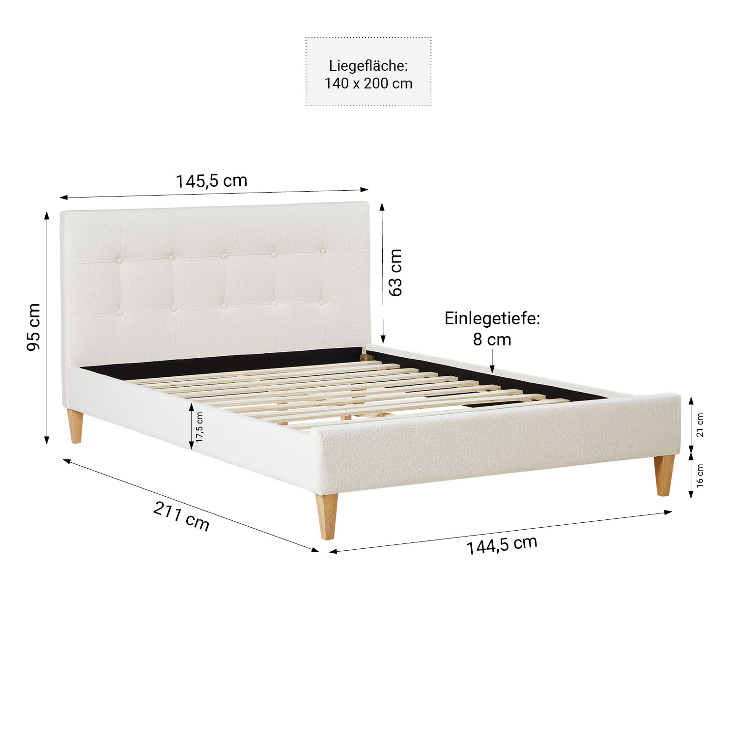 Small Double Bed 140x200 cm with Mattress Bouclé Beige Upholstered Bed with Slatted Frame Fabric Bed Frame