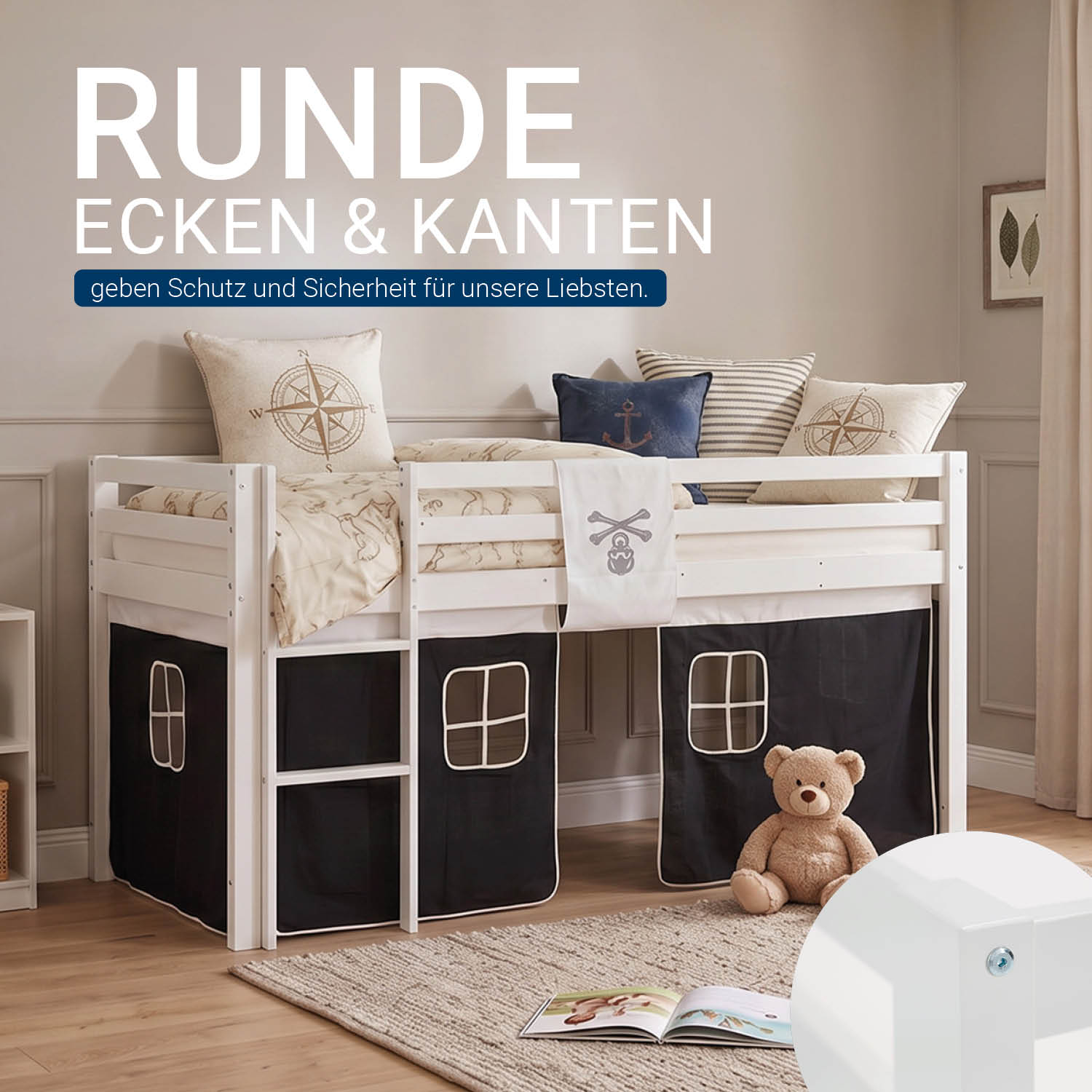 Children's loft bed, 90x200 cm, white with black curtain | includes slatted base