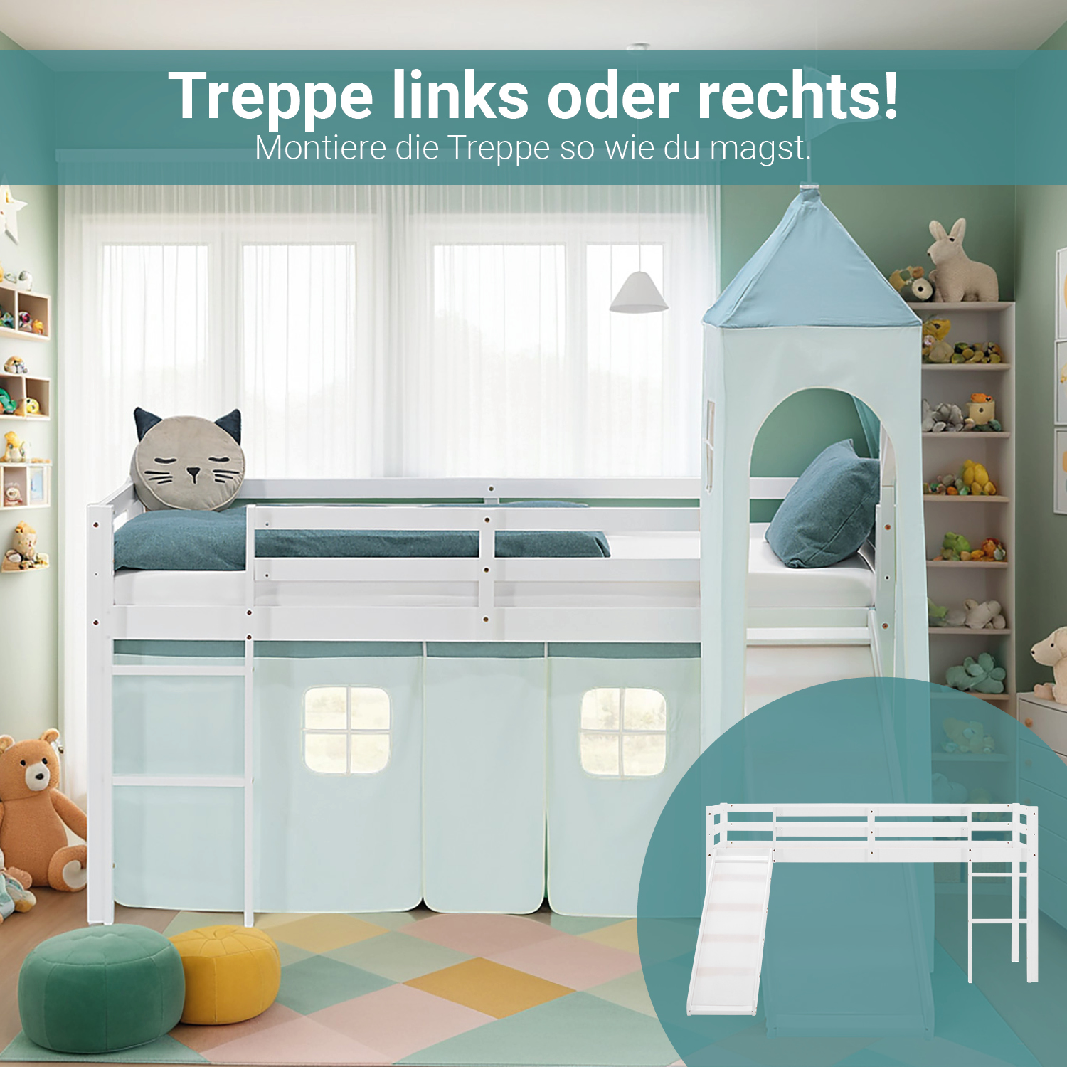 Loft Bed for Kids 90x200 cm White with Curtain in Mint Green | Slide | Tower | with Slatted Frame and Mattress