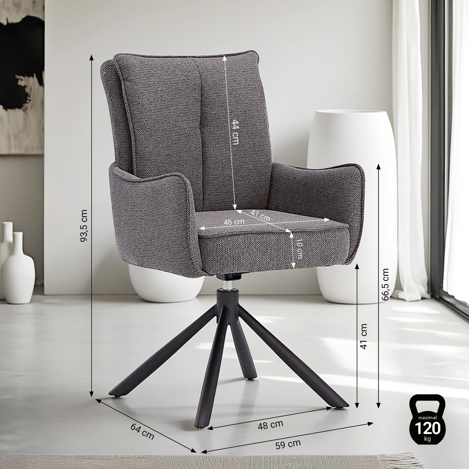 6-piece dining set: swivel upholstered chairs in anthracite with armrests & brown dining table (200 x 100 cm) with metal frame