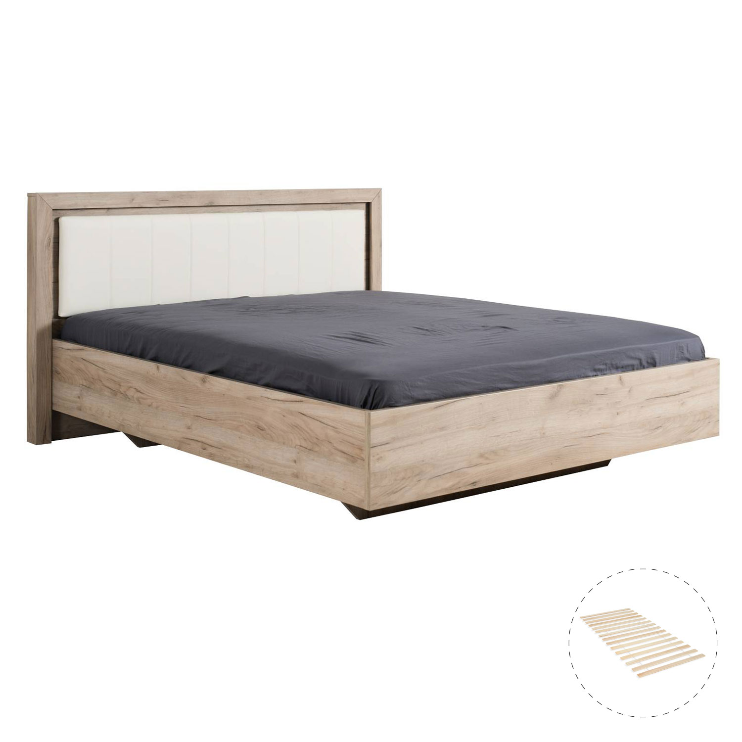 Wooden Bed Queen Size Bed Frame with Slats Double Bed 160x200 cm Oak Grey White Leather