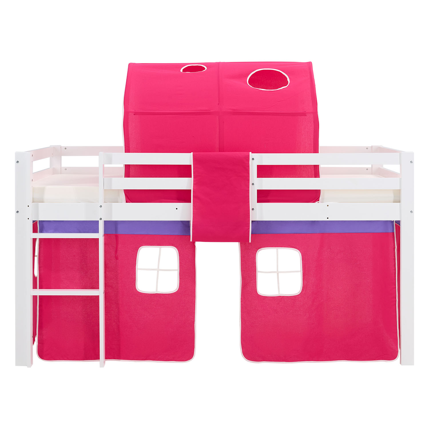 Loft Bed Kids 90x200 cm White with Curtain in Pink | Tunnel | without Slatted Frame
