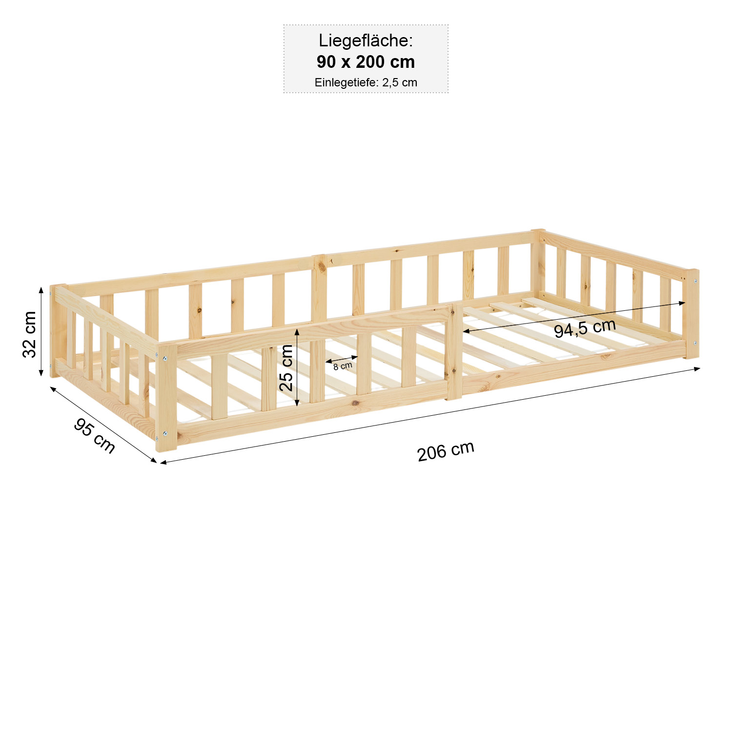 Children's Bed 90x200 Natural | Floor Bed with Mattress & Slatted Frame | with Fall Protection | Montessori