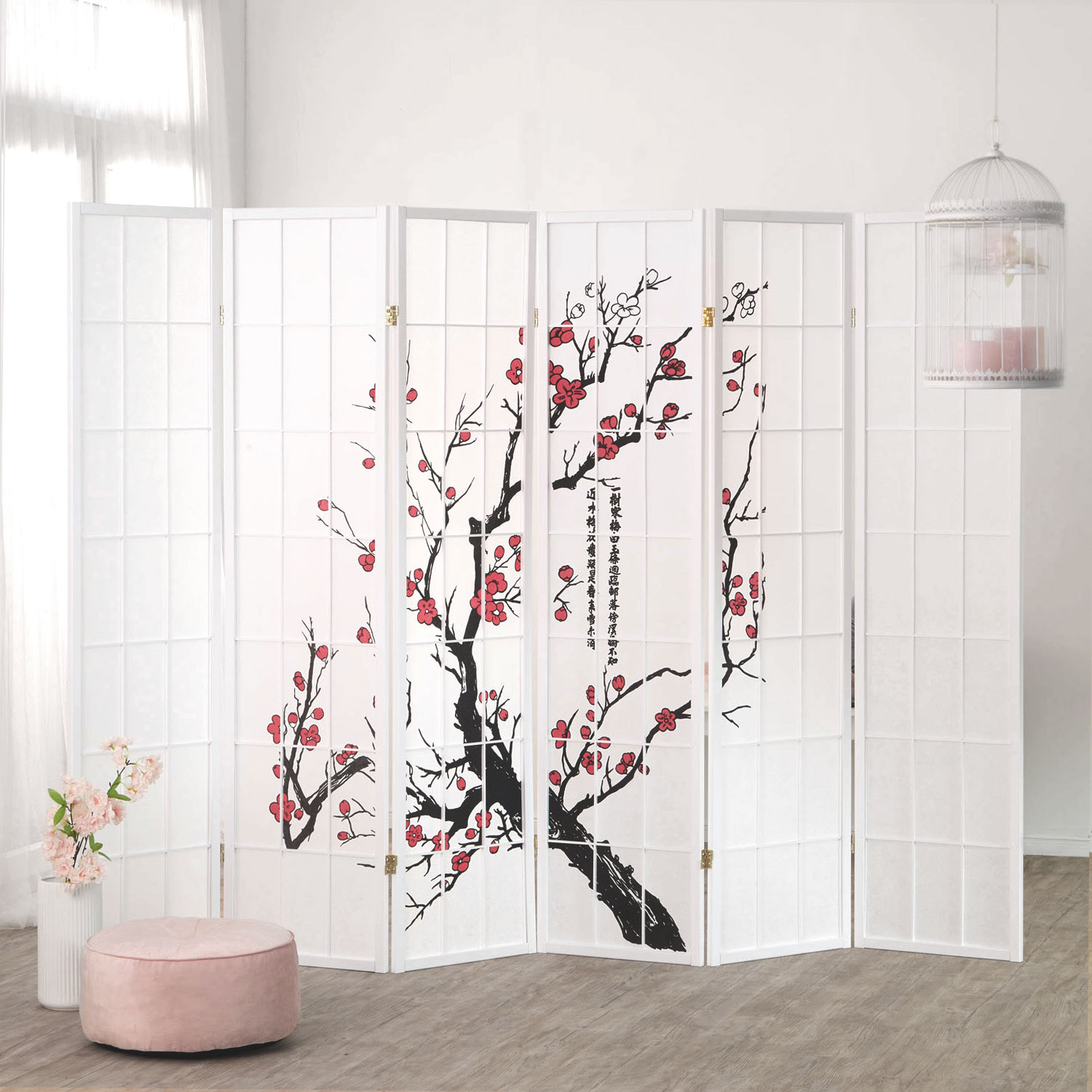 Six-panel white Shoji room divider with red cherry blossom design and calligraphy ? decorative folding screen in a soft, Asian-inspired interior setting.