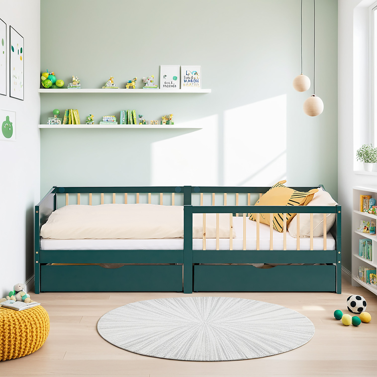Children's Bed 90x200 cm Green | Wooden bed with mattress | Single Bed | 2 drawers | Fall Protection