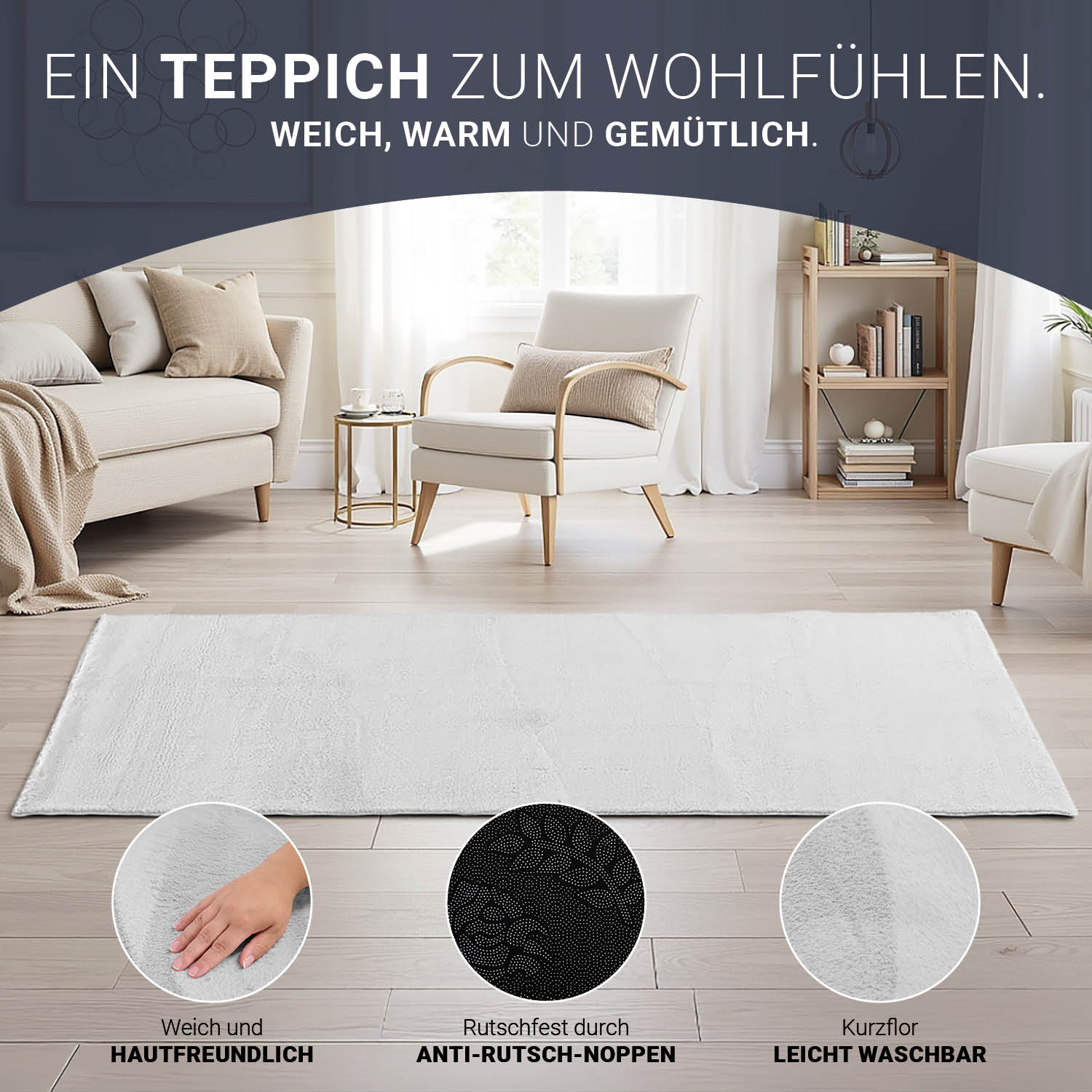 Grauer Kurzflor-Teppich 160x230 – Modern, Waschbar & Rutschfest