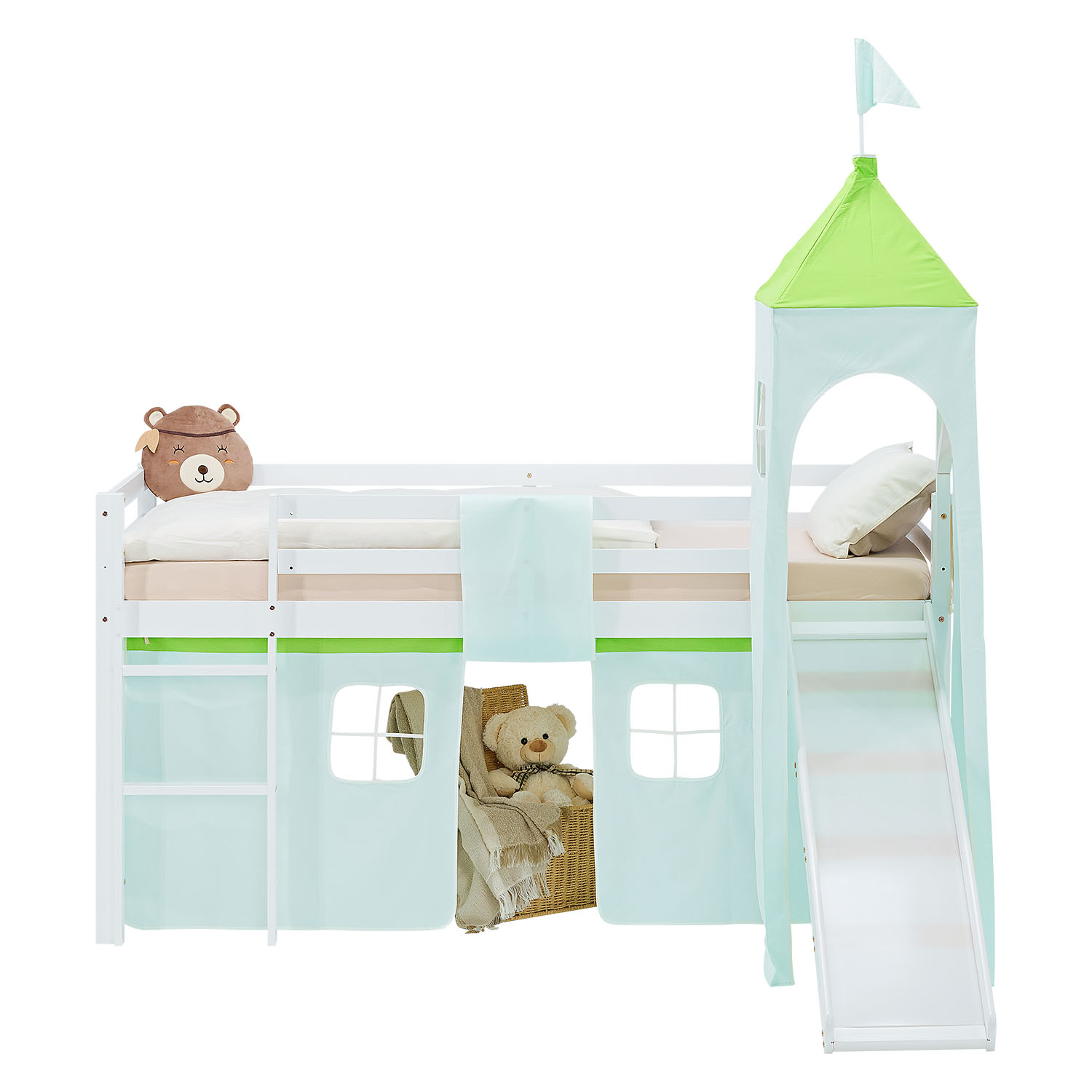 Loft Bed for Kids 90x200 cm White with Curtain in Green | Slide | Tower | with Slatted Frame and Mattress