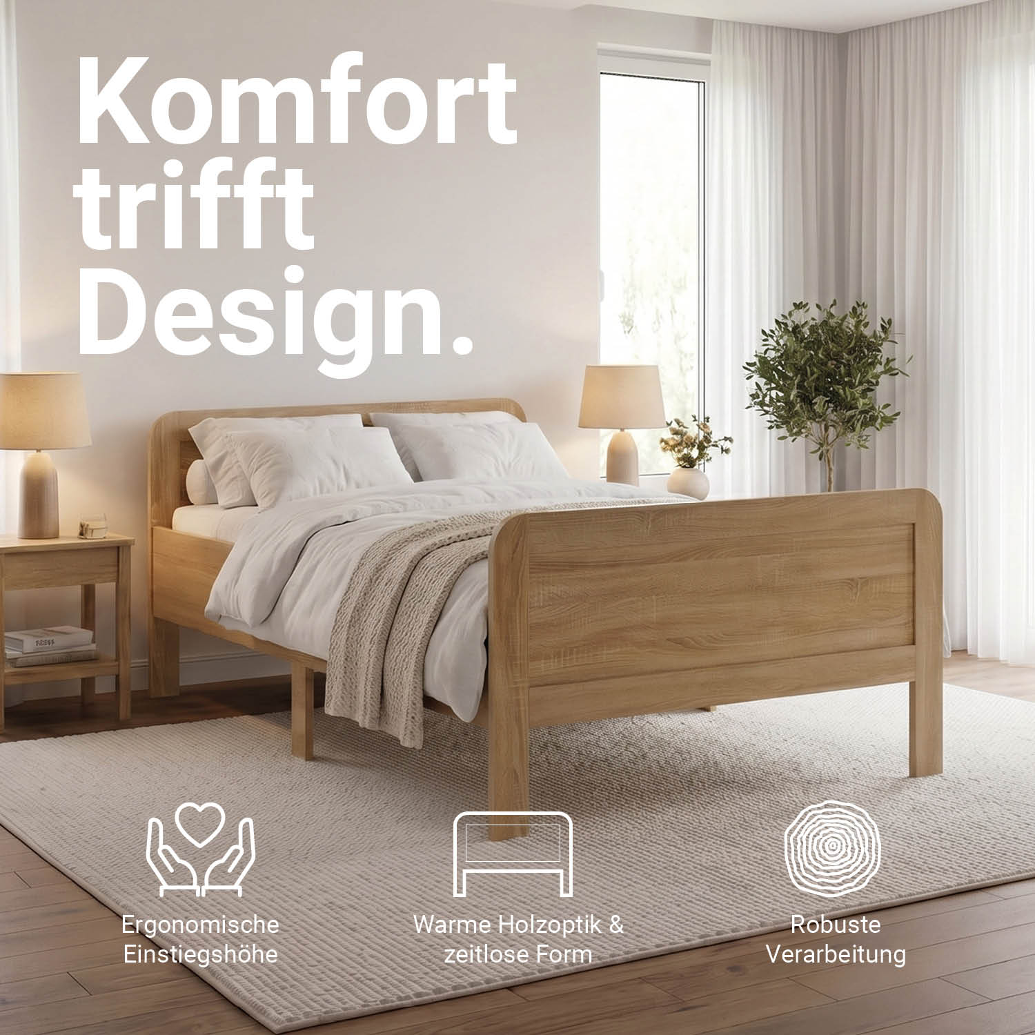 Comfort Bed 140x200 cm Natural | Senior Bed Height Adjustable | Double Bed | Wood | without Slatted Frame