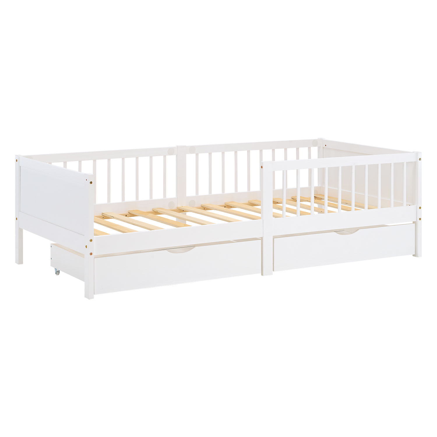 Children's Bed 90x200 cm White Natural | Wooden bed with 2 drawers | Single Bed | with Slatted Frame | Fall Protection