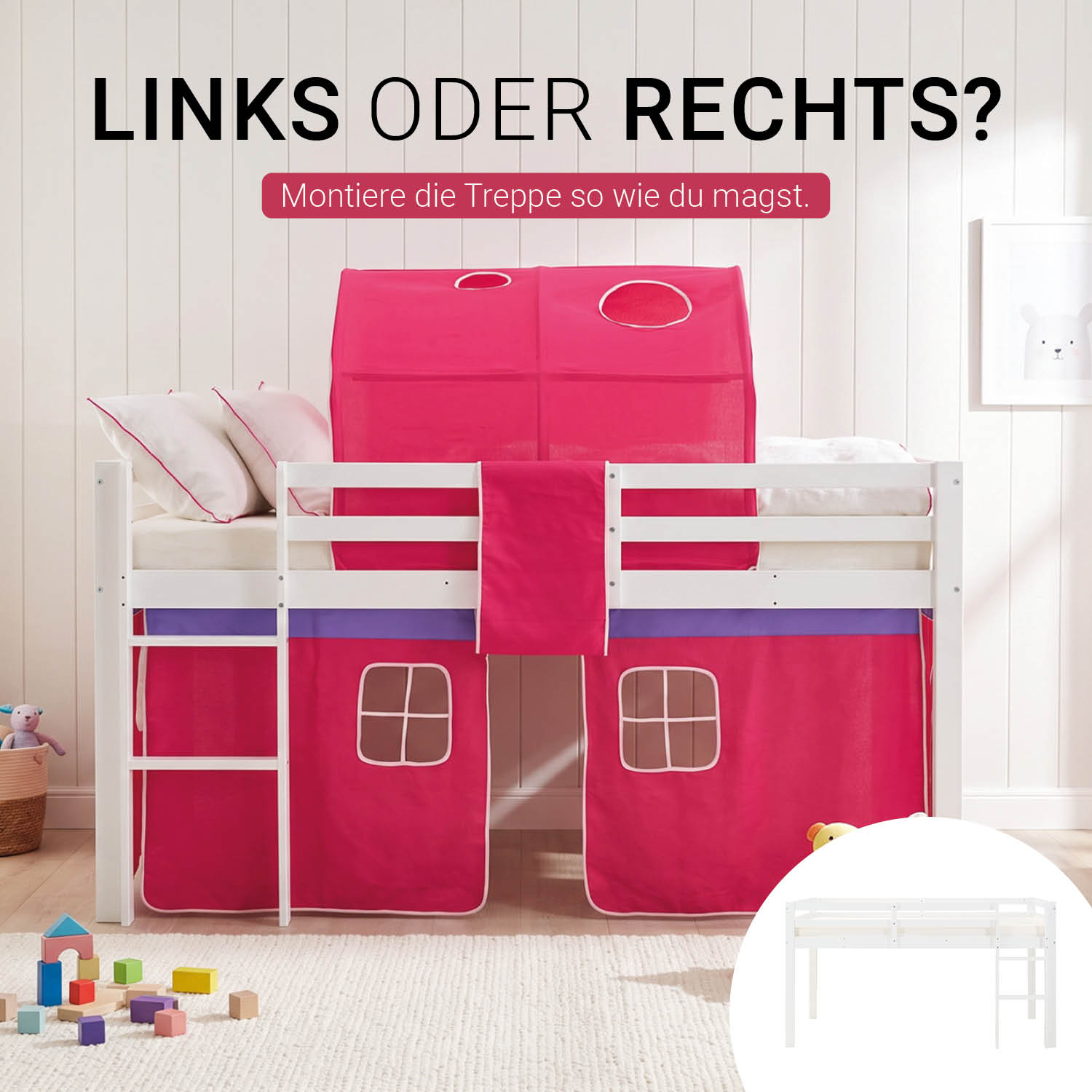 Loft Bed Kids 90x200 cm White with Curtain in Pink | Tunnel | without Slatted Frame