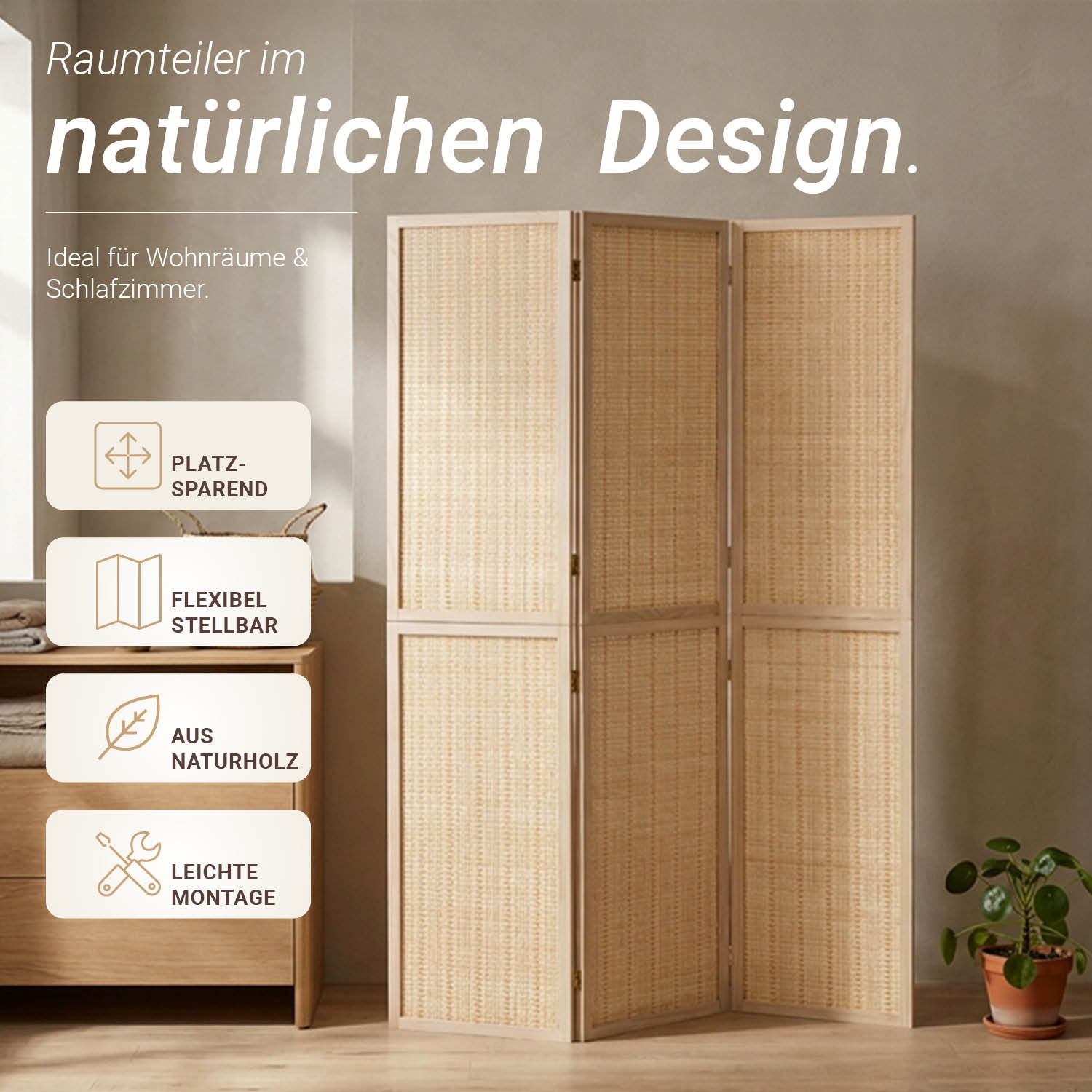 Paravent Natural Bamboo Slats | 3-panel | Wood | Room Divider Partition Privacy Screen