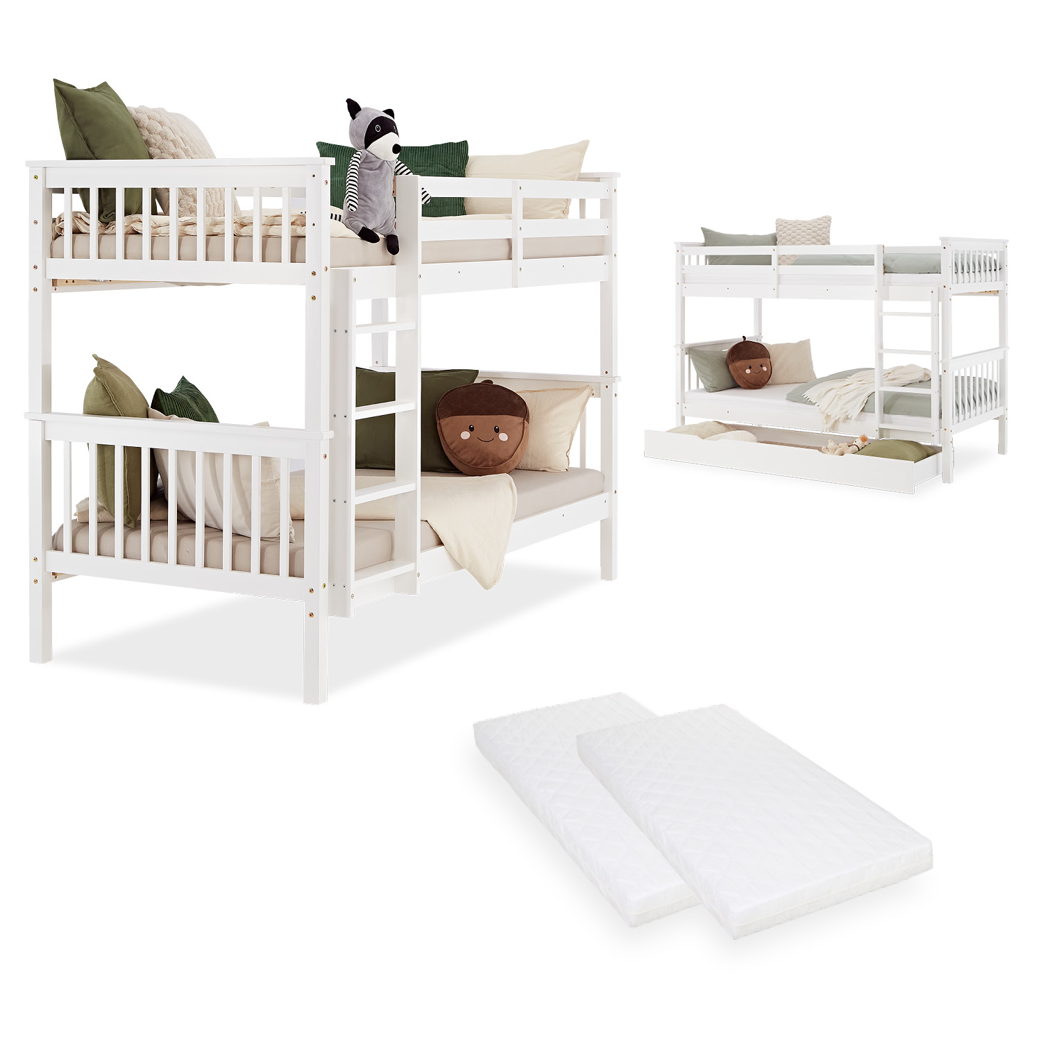 Kinderbett 90x200 Etagenbett Holzbett Weiß Jugendbett Doppelstockbett Rausfallschutz Umbaubar Matratze Stauraum