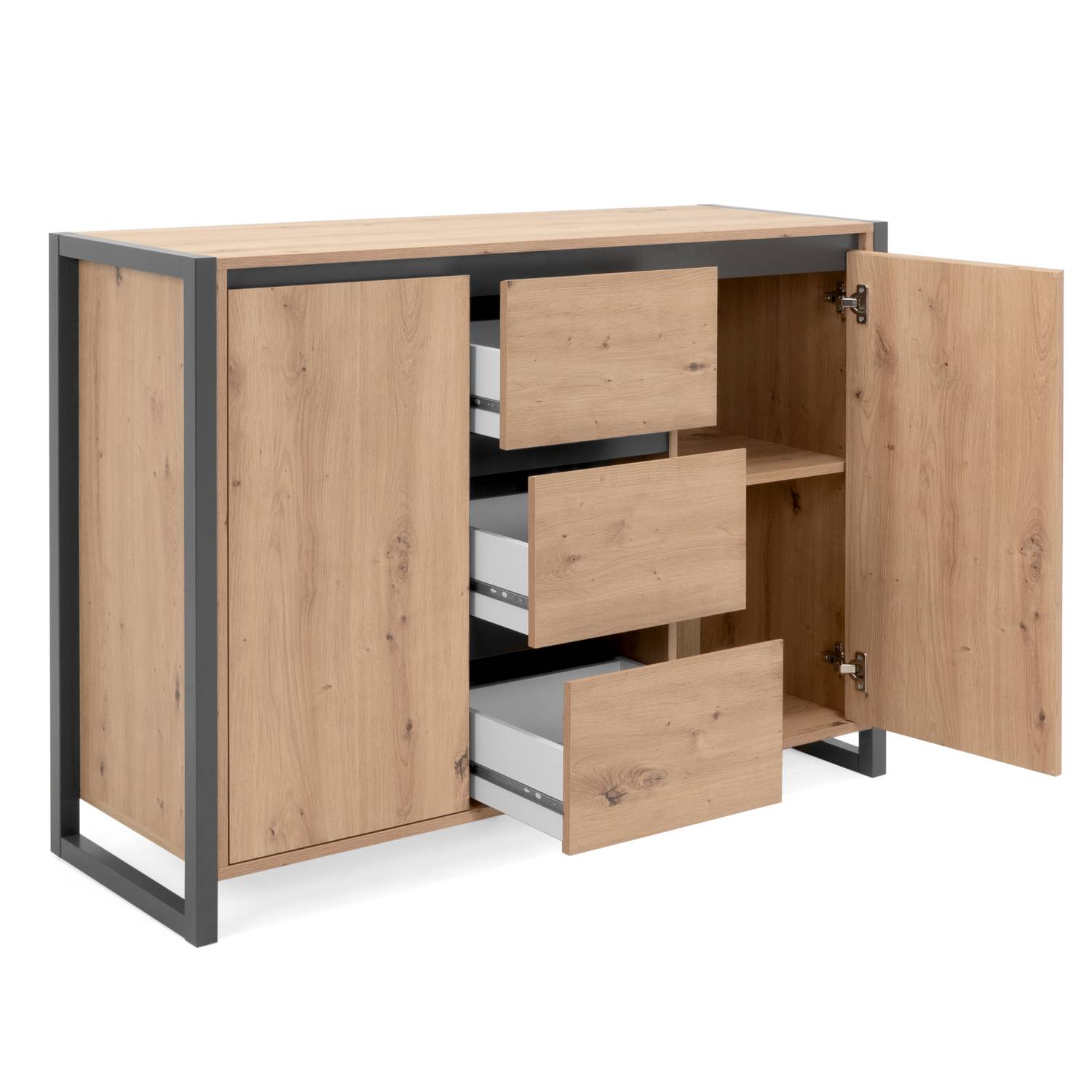 Sideboard Cupboard Storage Cabinet 3 Drawers Wood Oak Living Room Industrial Look