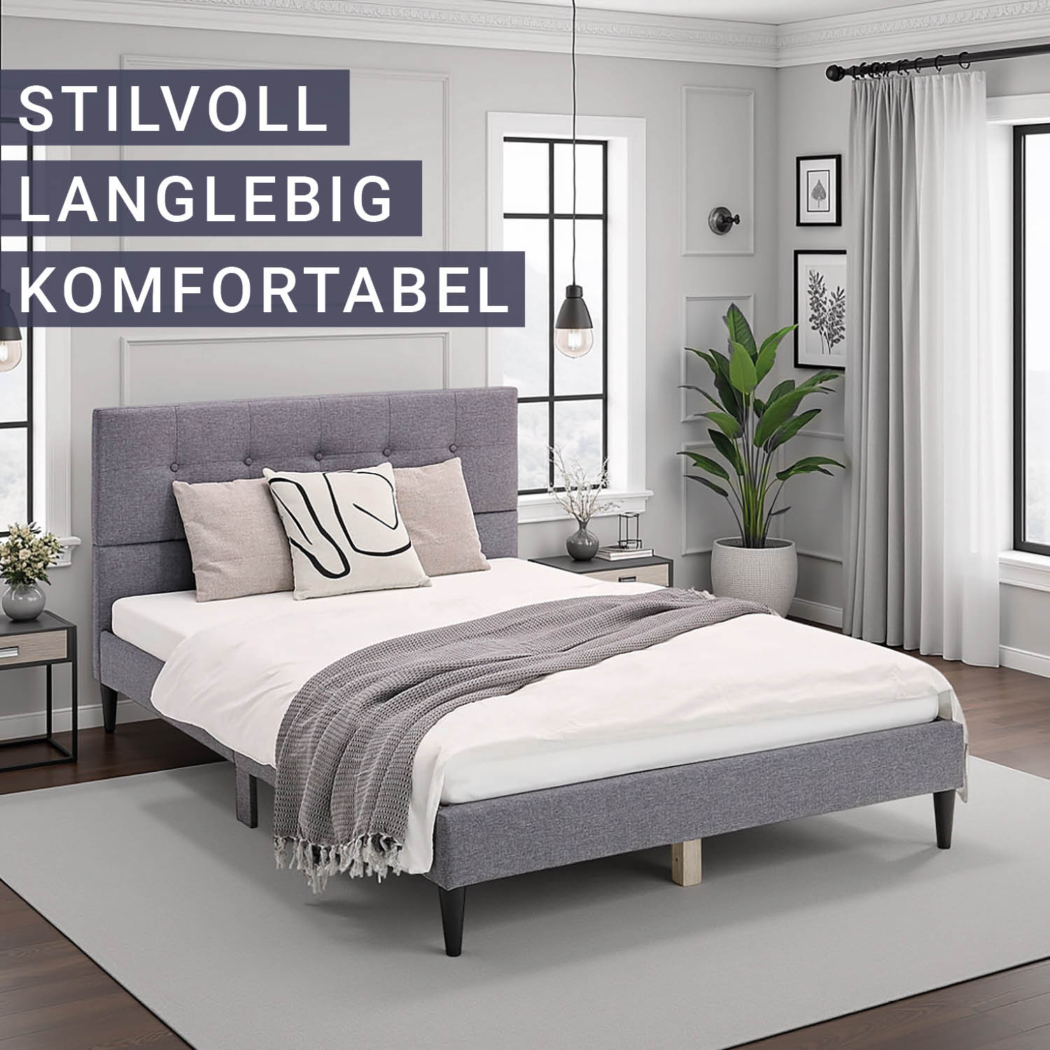 Upholstered Bed 140x200 cm Gray with Slatted Base & Mattress – Modern Fabric Bed for Restful Sleep