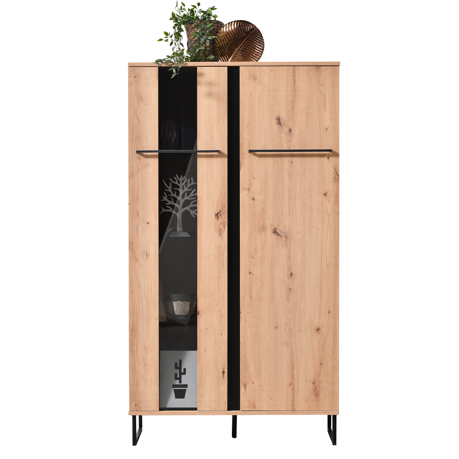 Highboard Display Cabinet with Compartments Living Room Cabinet Wood Natural Skid Feet Black