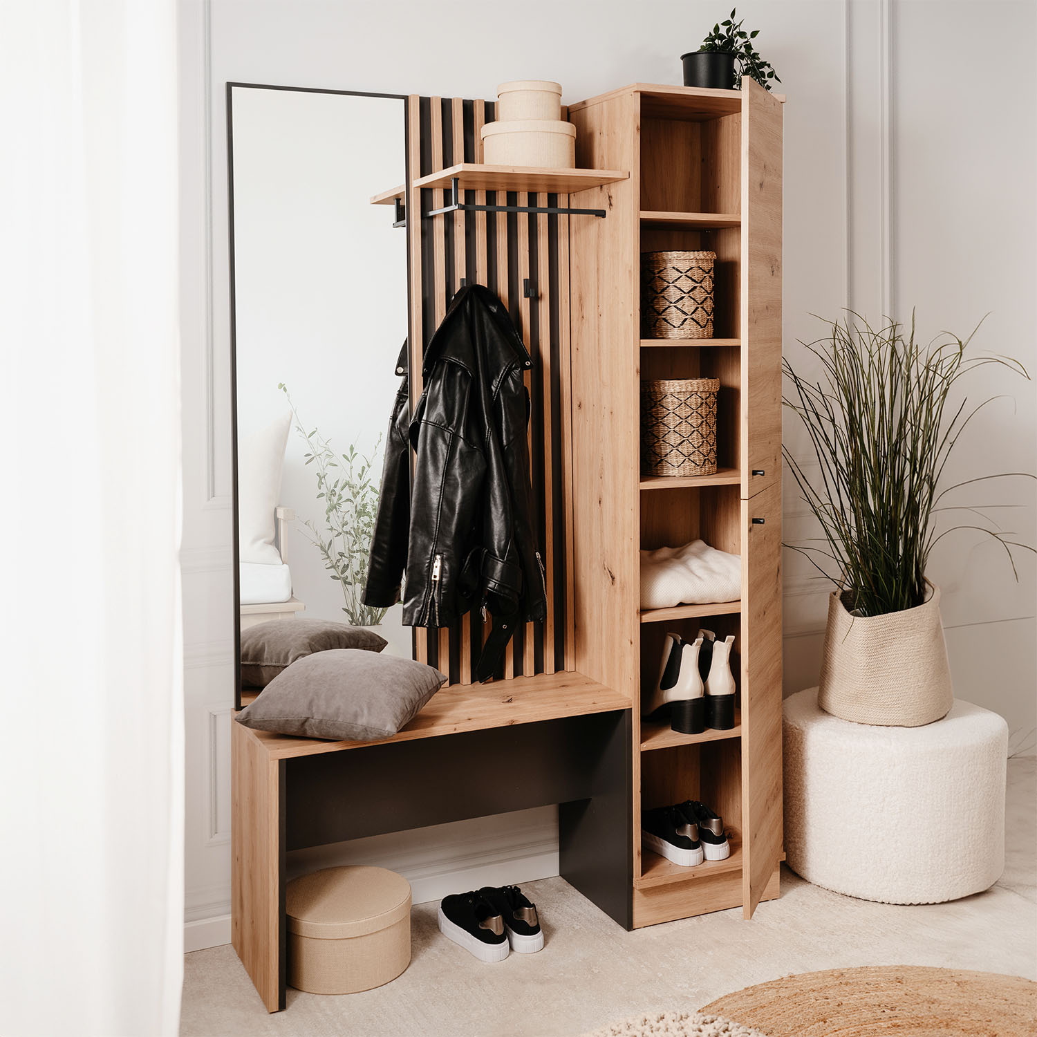 Industrial Look Wardrobe with Bench Hallway Furniture Mirror Hall Unit Hallway Wardrobe Oak Wood 3D Wall Panel Entryway Coat Rack