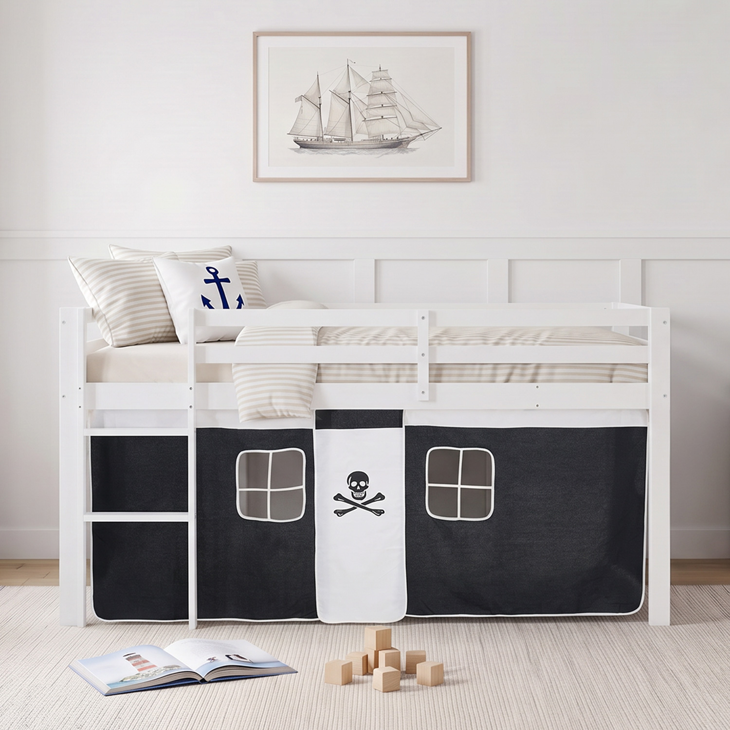 Children's loft bed, 90x200 cm, white with black curtain | includes slatted base