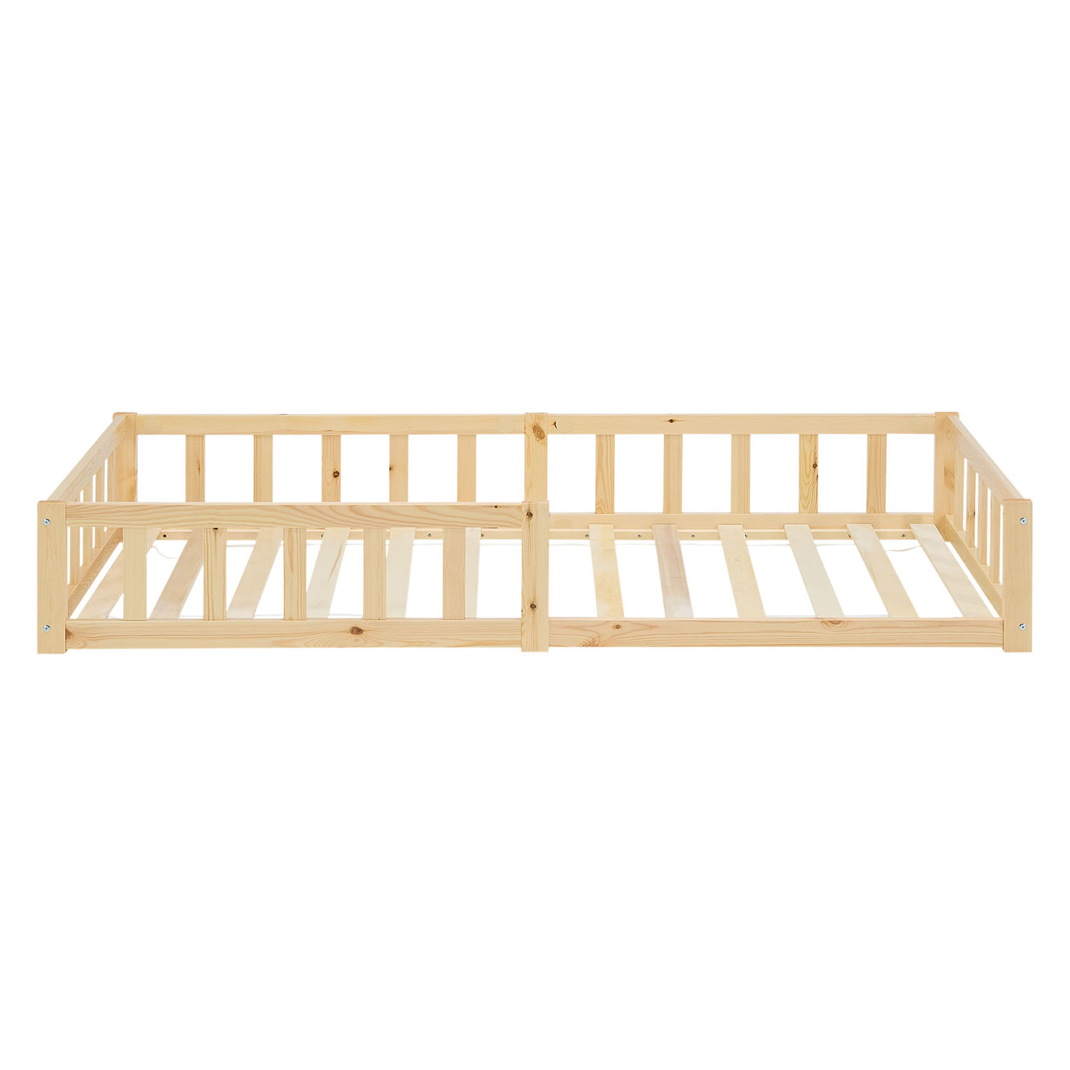 Children's Bed 90x200 Natural | Floor Bed with Mattress & Slatted Frame | with Fall Protection | Montessori