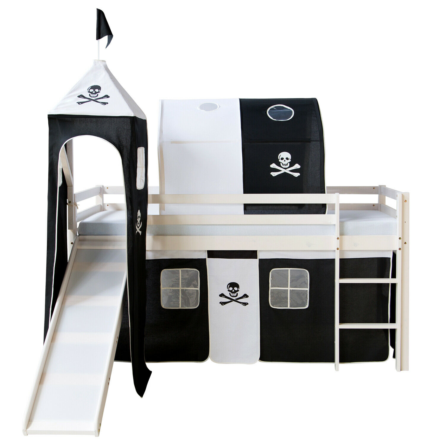 Loft Bed Kids 90x200 cm White with Curtain Black | Tunnel | Tower | Slide | without Slatted Frame