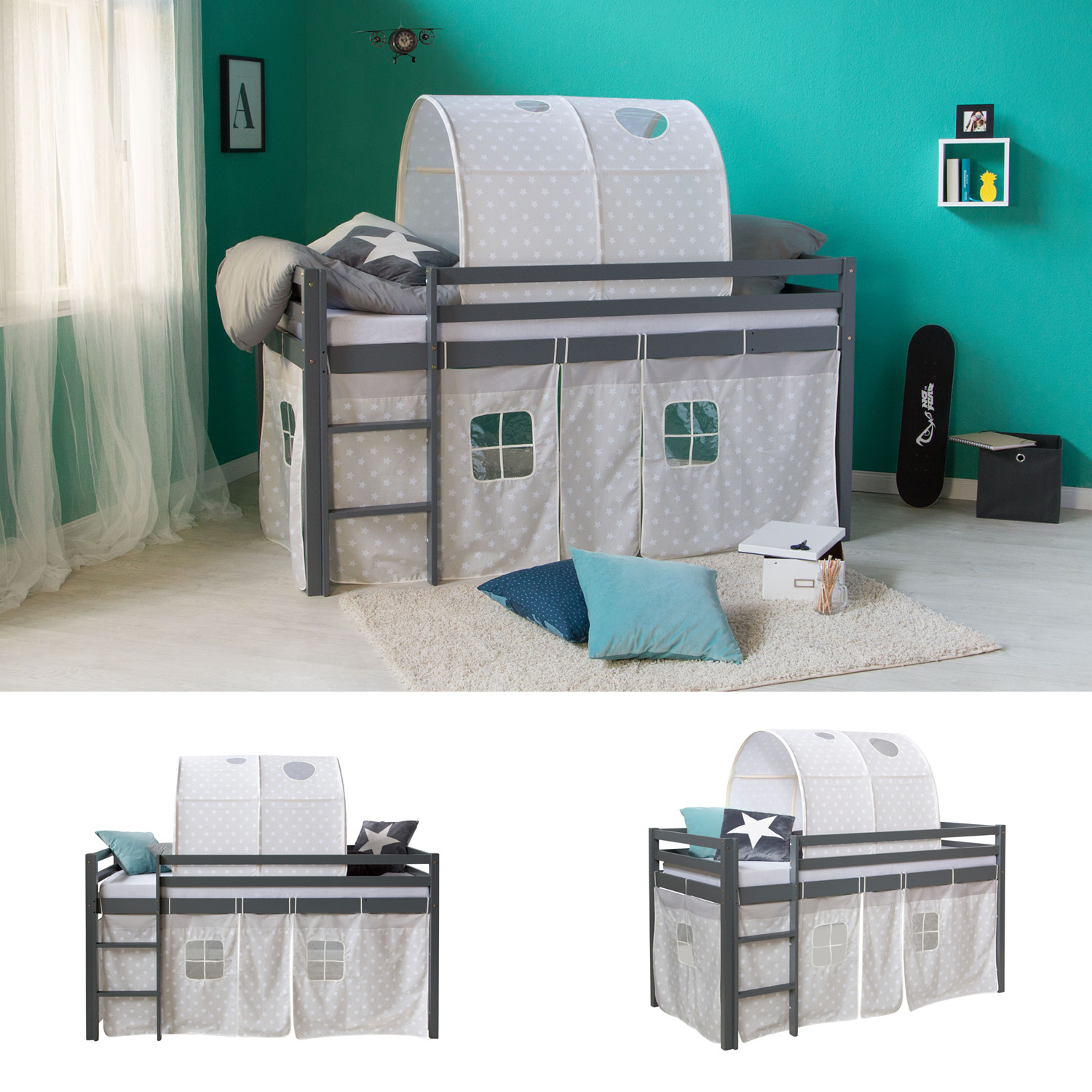 Loft Bed Kids 90x200 cm Gray with Curtain Stars | Tunnel | without Slatted Frame