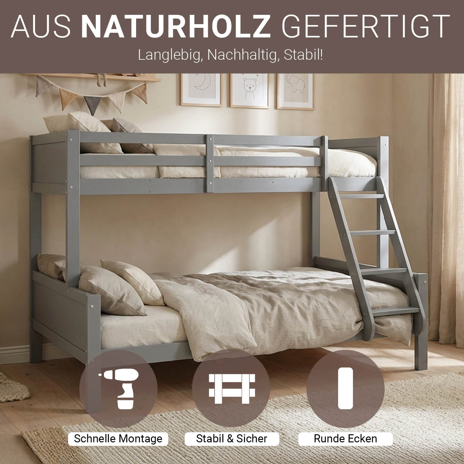 Bunk bed with two sleeping surfaces (90x200 cm and 140x200 cm) | Gray | with slatted base