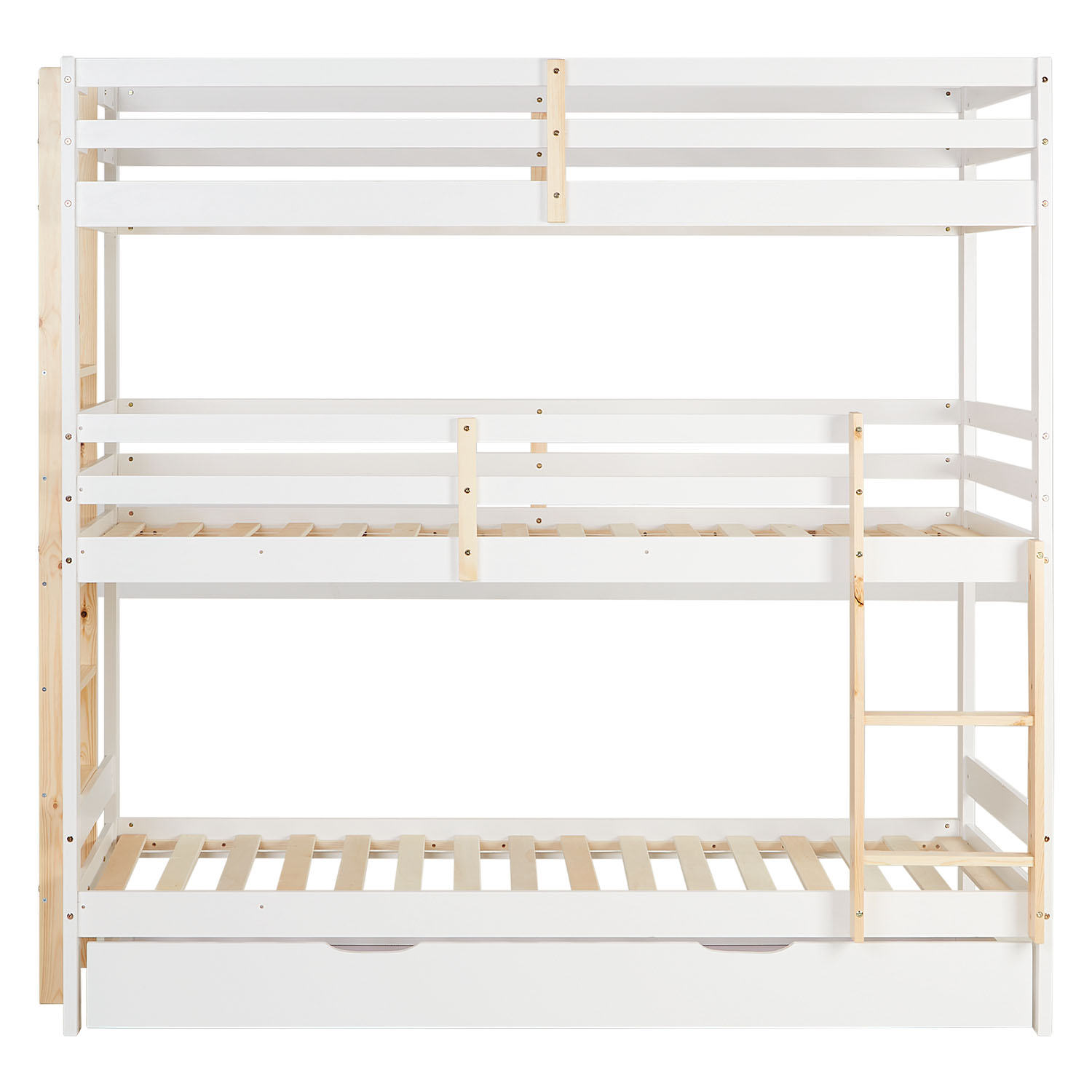 Bunk Bed 3 Levels 90x200 cm White | Ladders Natural | with Bed Drawer | with Slatted Frame
