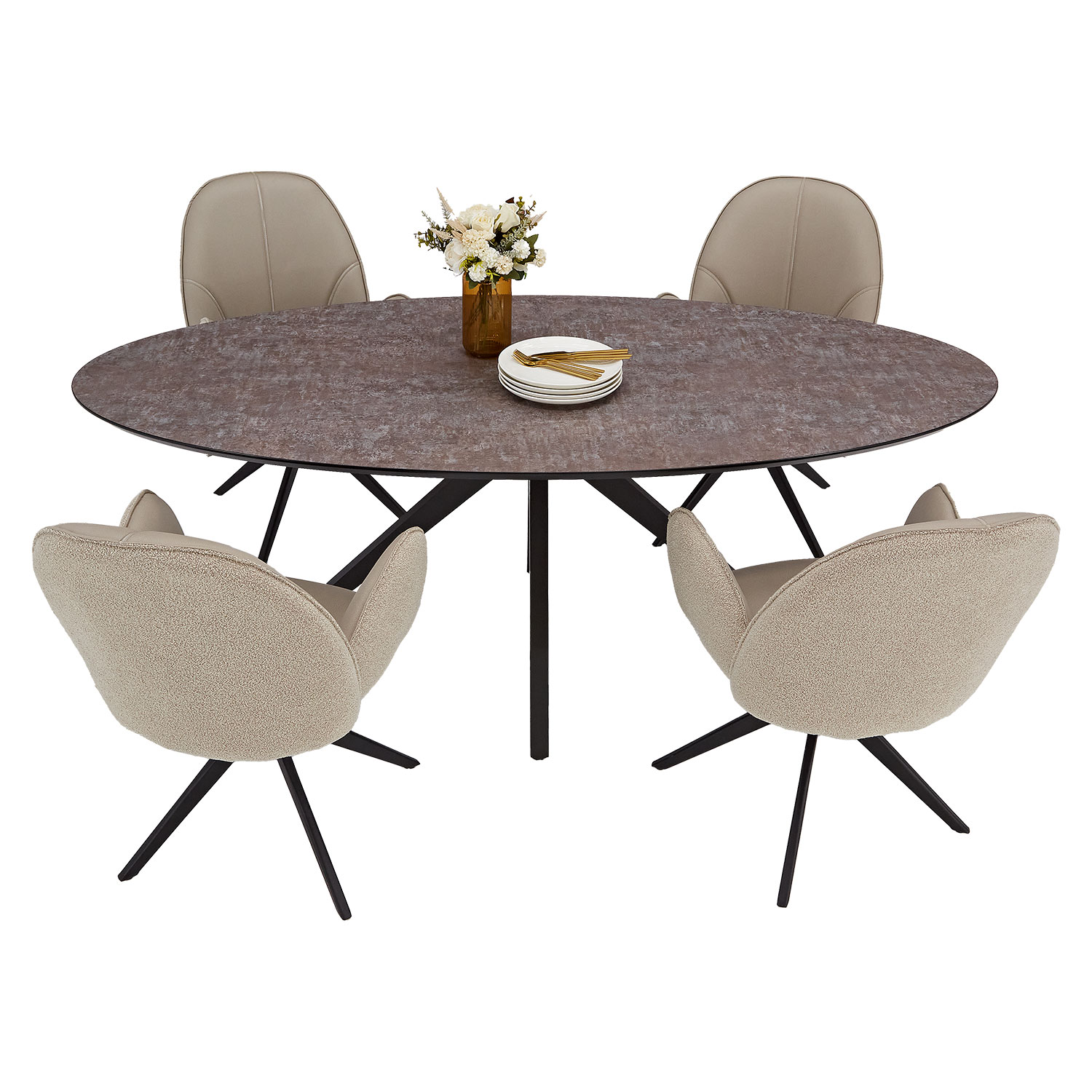 Dining set | 4-piece set upholstered chairs beige bouclé Leder with armrest | swivel | dining table brown metal frame oval 200 cm