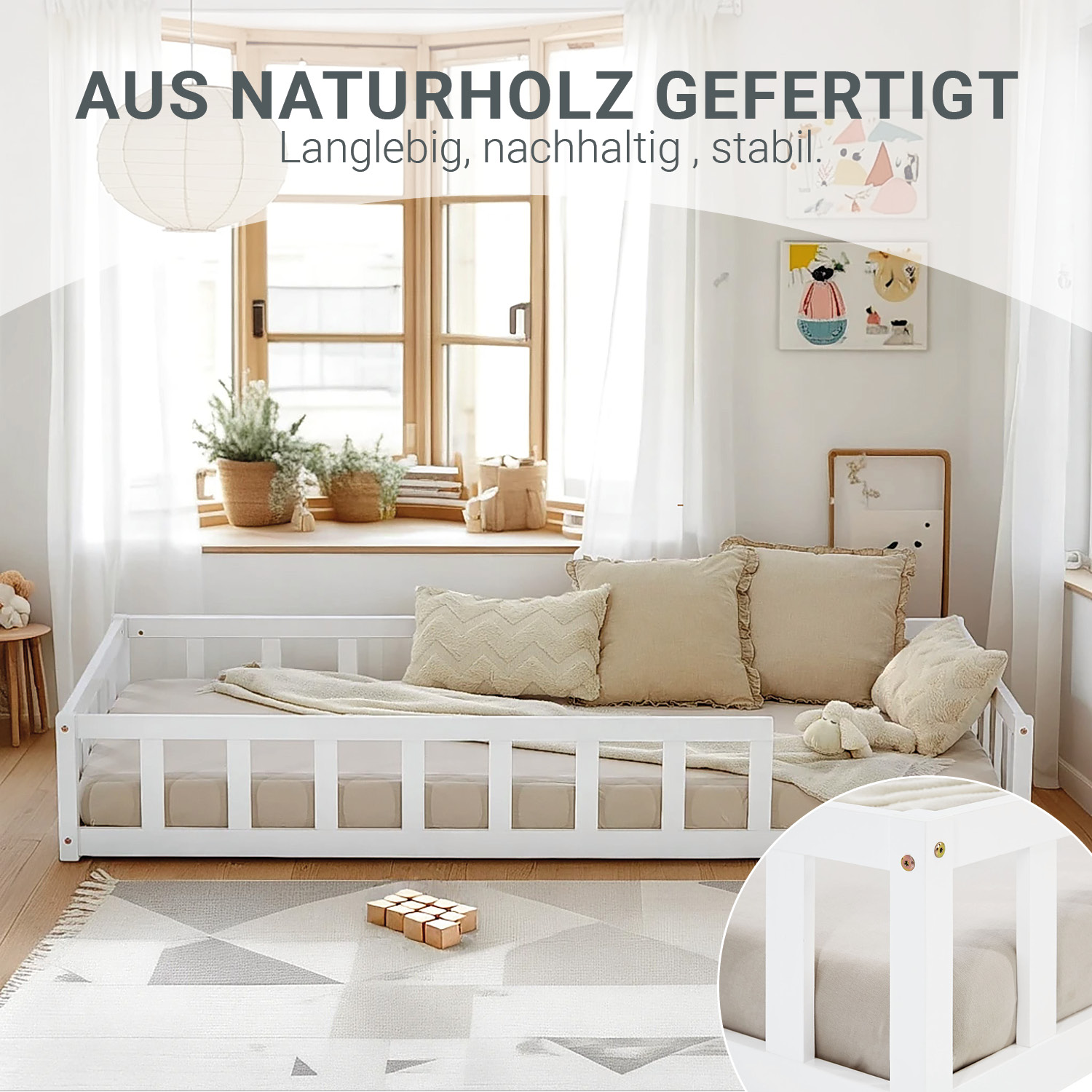 Children's Bed 90x200 White | Floor Bed with Mattress & Slatted Frame | with Fall Protection | Montessori