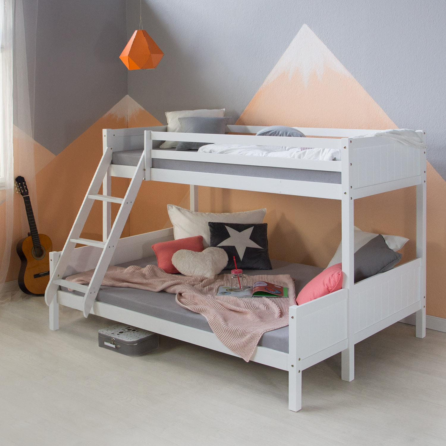 Bunk Bed Kids Bed 90x200 and 140x200 cm White Grey 2 Mattresses Wood Cabin Bed High Sleeper Bed Loft Bed Childrens Bed Twin Bed Drawer