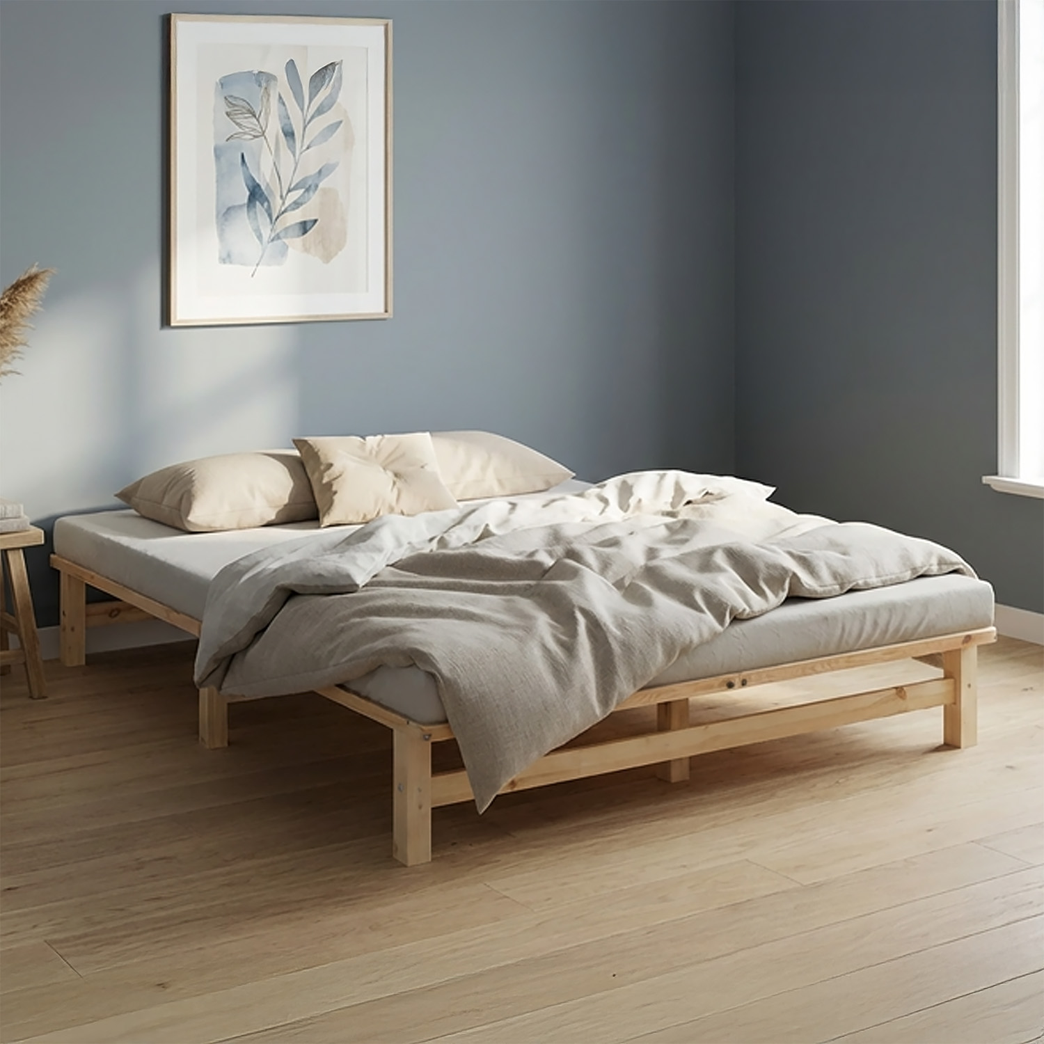 160x200 cm Natural Pallet Bed – Wooden Double Bed with Slatted Base for Teen Rooms, Guest Rooms, and Bedrooms