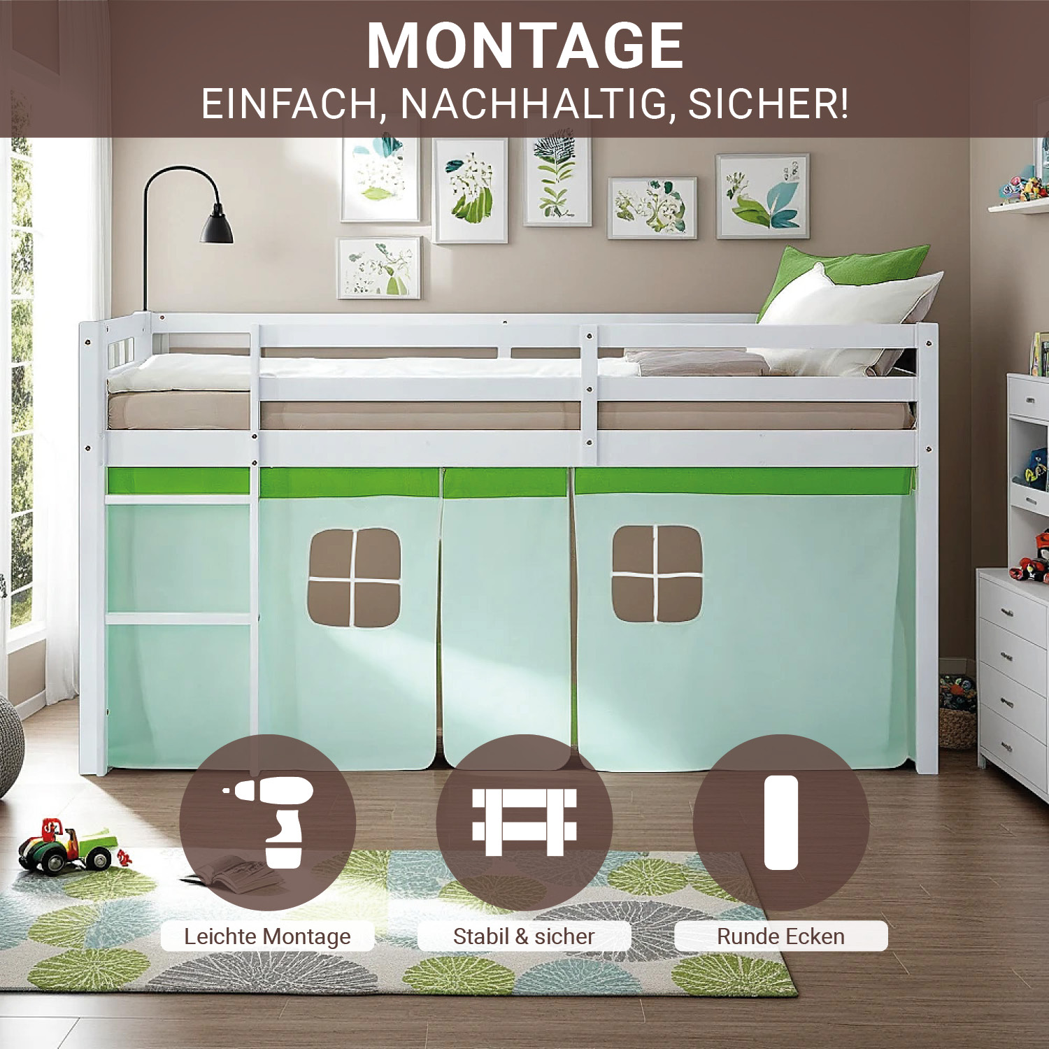 Loft Bed for Kids 90x200 cm White with Curtain in Green | with Slatted Frame and Mattress