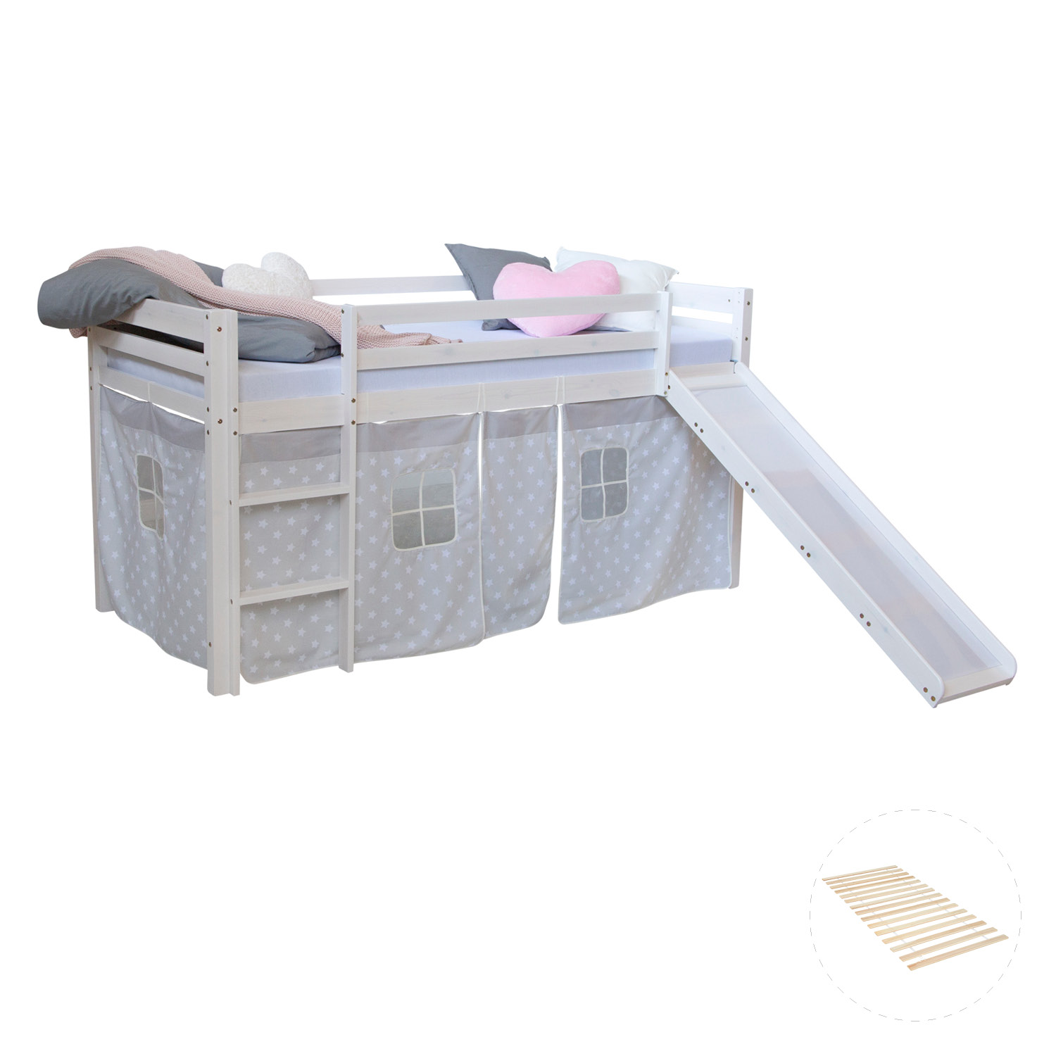 Loft Bed Kids 90x200 cm White with Curtain Stars | Slide | with Slatted Frame